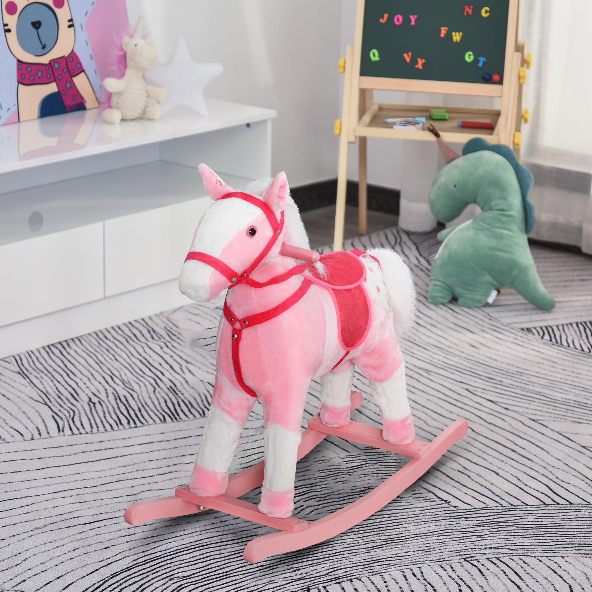Kids Plush Toy Rocking Horse Pony Toddler Ride on Animal Rocker with Realistic Sounds, Birthday Gifts for Girls, Pink