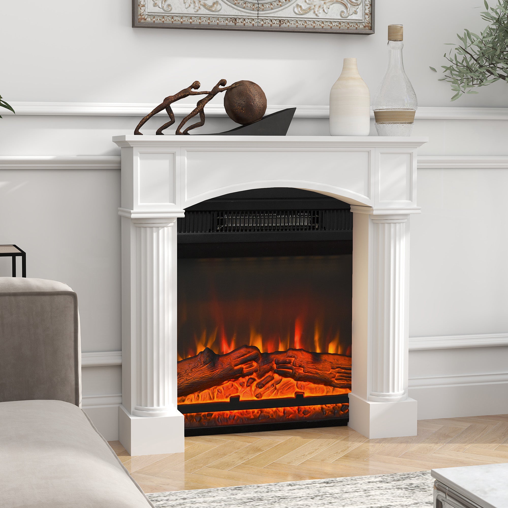 Modern Fireplace Mantel, Freestanding Fireplace Surround for Electric Fireplaces, 43.3" W x 39.8" H, White