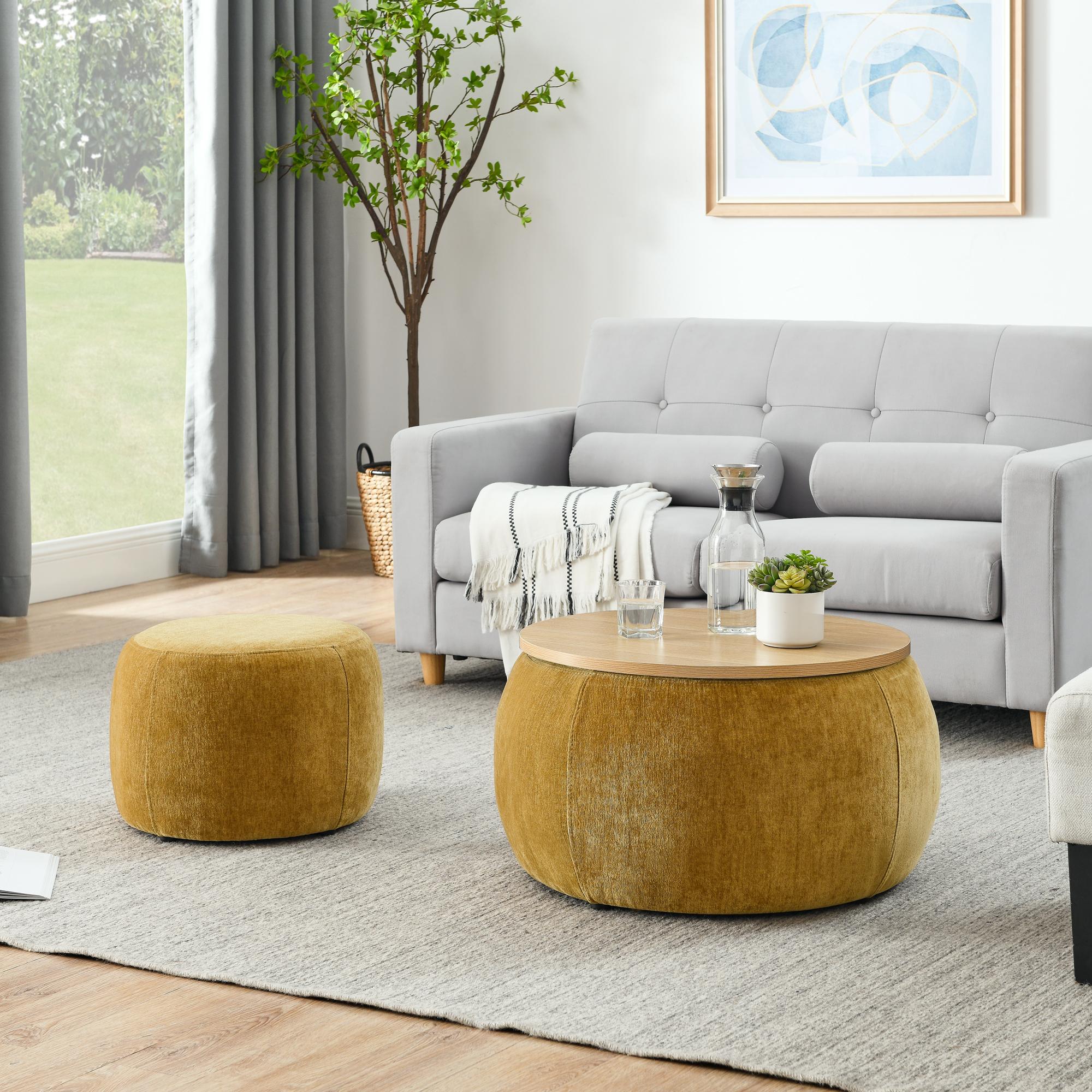 2-in-1 Round Storage Ottoman with Removable Top for Storage, End Table with Eucalyptus Wood Frame, 25" L x 25" W x 15" H, Dark Yellow