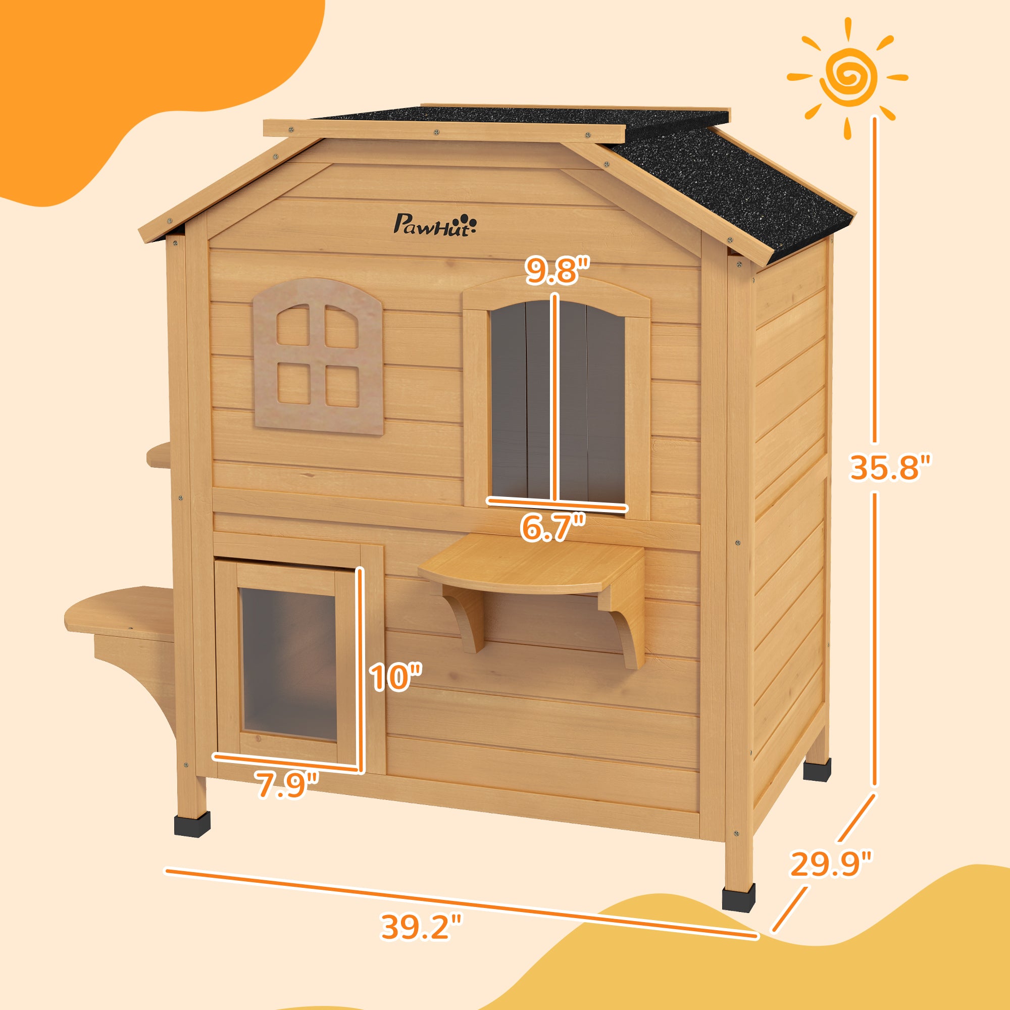 2-story Cat House Outdoor, Weatherproof Wooden Cat Enclosure for Feral Cats with Escape Door, Openable Roof, Jumping Platforms, Natural