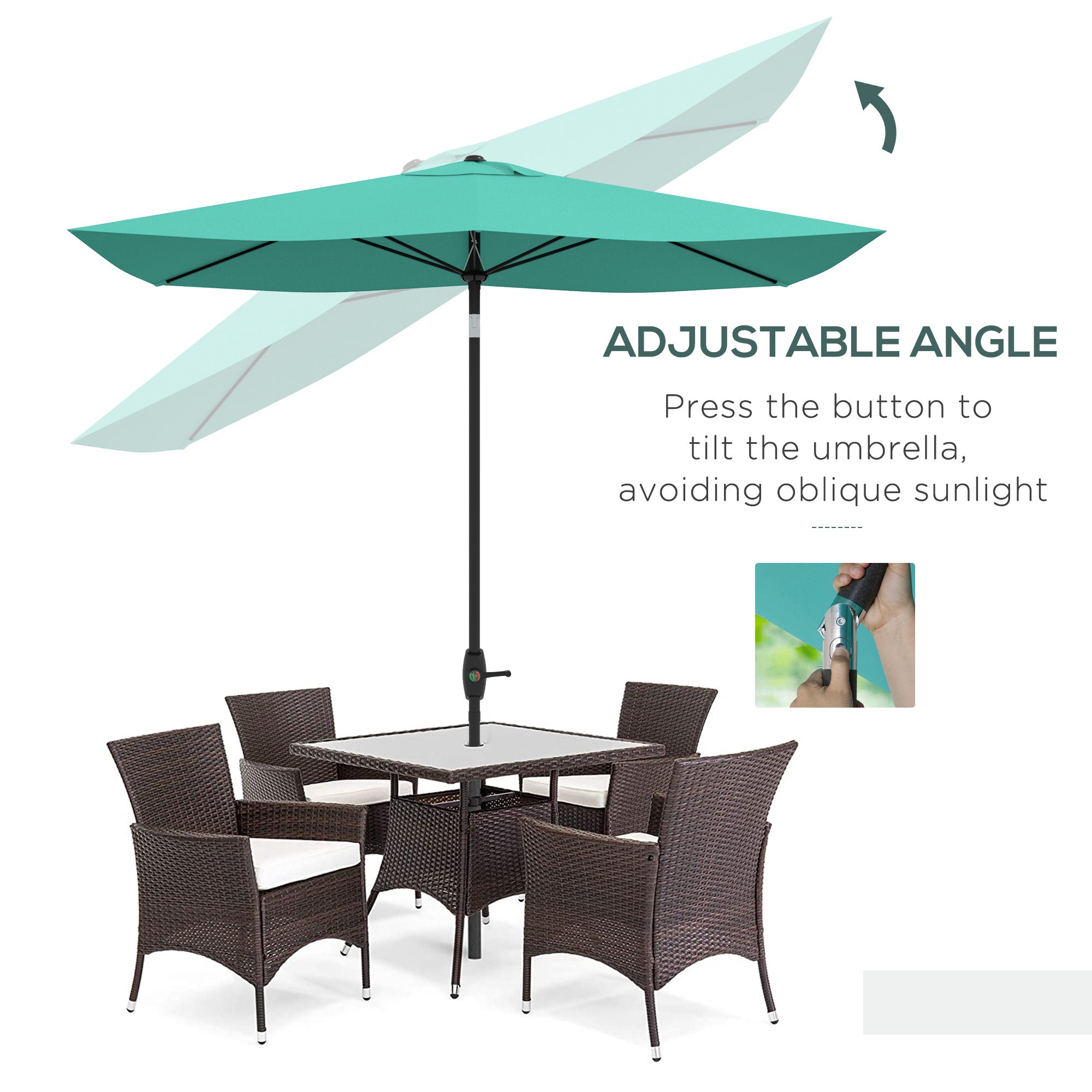 6.5' x 10' Rectangular Market Umbrella, Patio Outdoor Table Umbrella with Crank and Push Button Tilt, Teal