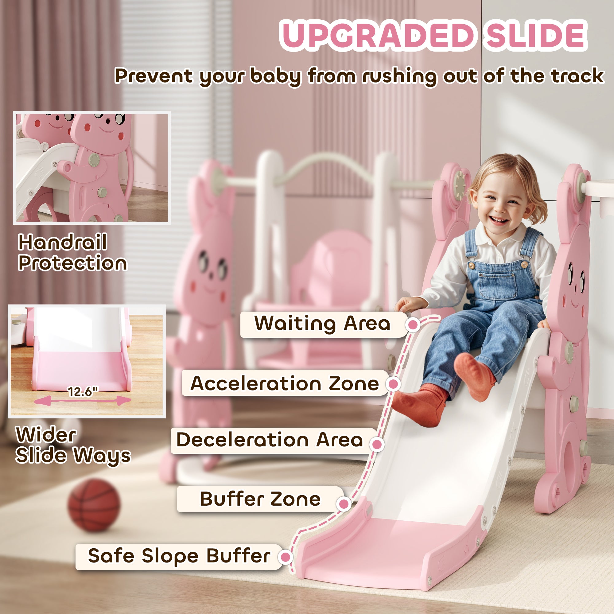4 in 1 Toddler Slide and Swing Set with Climber, Basketball Hoop, Rabbit Themed Kids Playset for Ages 1.5-4, Pink