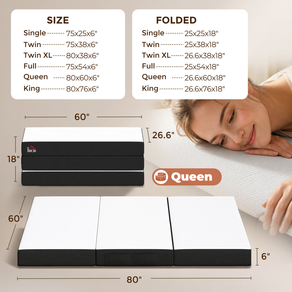 Trifold Mattress, 6 Inch Memory Foam Mattress for Guest, Camping, RV, Travel, Yoga, Made in USA, 80" x 60" x 6"