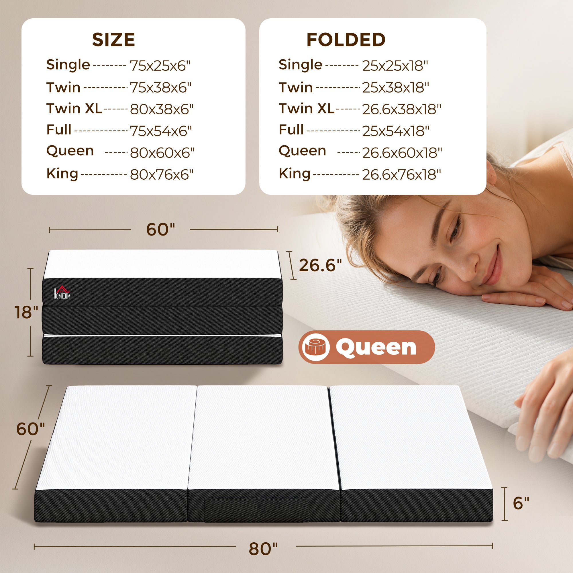 Trifold Mattress, 6 Inch Memory Foam Mattress for Guest, Camping, RV, Travel, Yoga, Made in USA, 80" x 60" x 6"