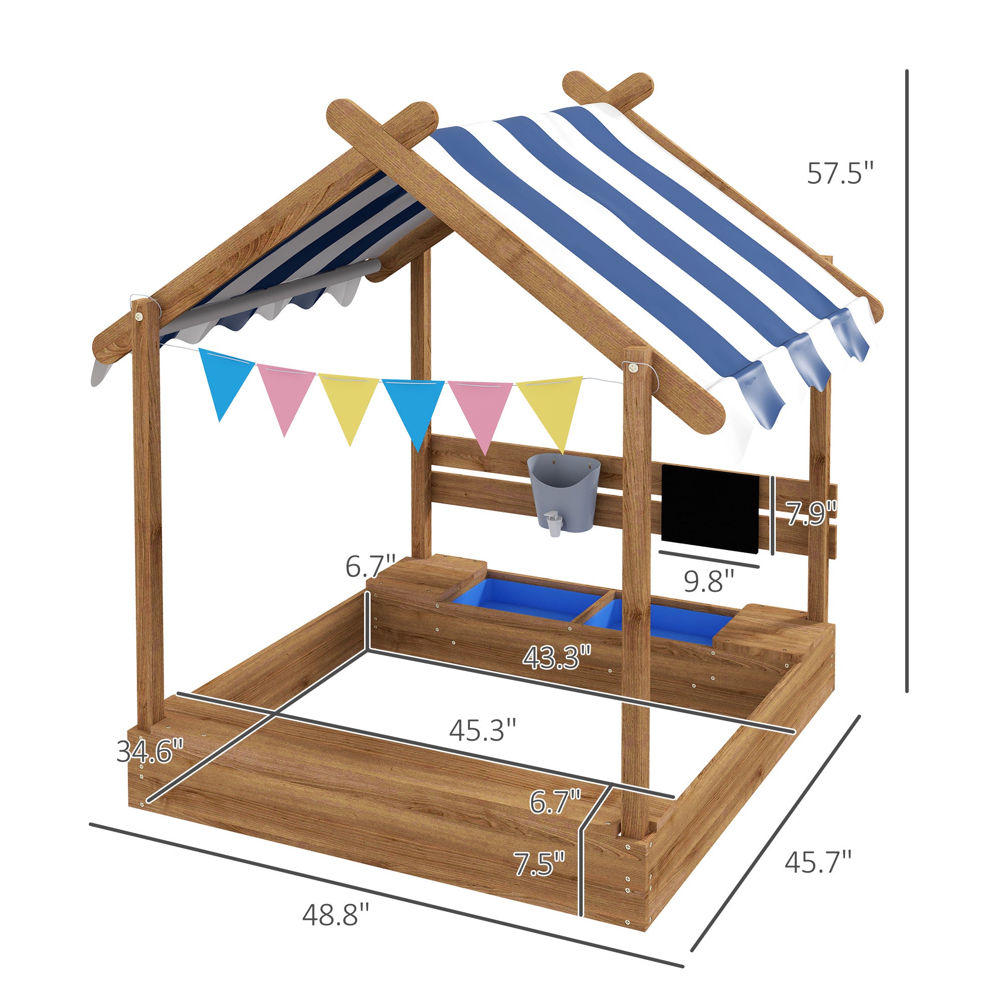 Wooden Sandbox with Canopy, House Design for 3-7 Years Old, Brown