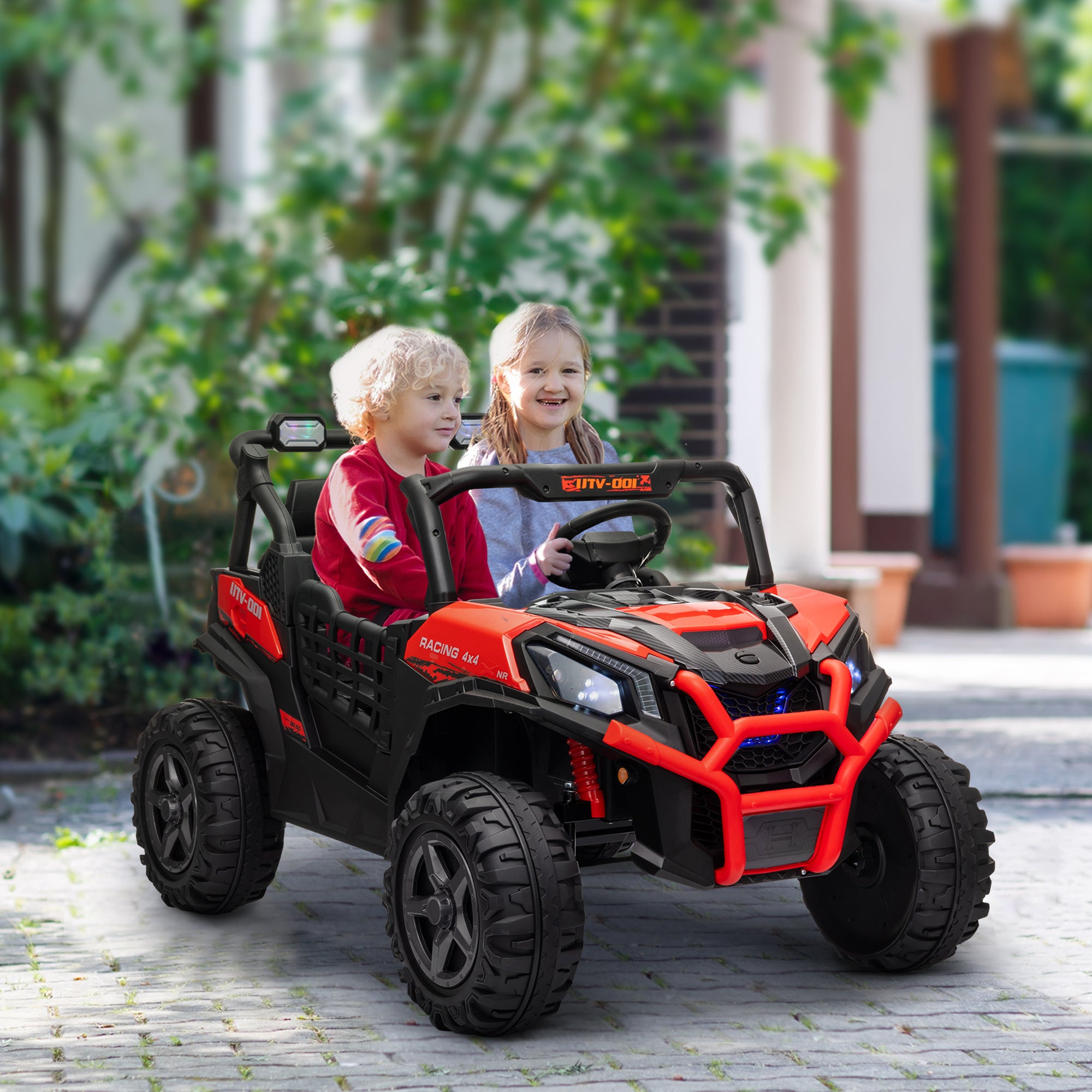 2 Seater 24V Kids Electric Car w/ Remote Control, 3 Speed, LED Lights, Music, Horn, Spring Suspension, Slow Start, Red