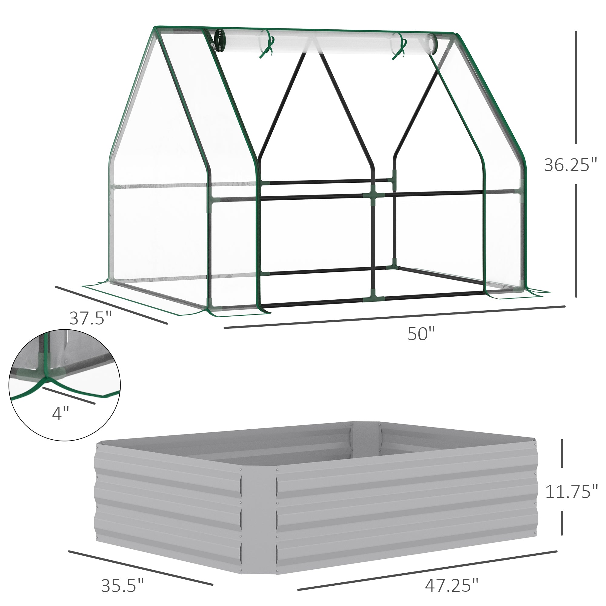 Raised Garden Bed with Cover, Outdoor Galvanized Metal Planter Box Kit, 4 x 3 ft Mini Greenhouse with 2 Large Screen Windows, for Growing Flowers, Vegetables and Herbs, Clear