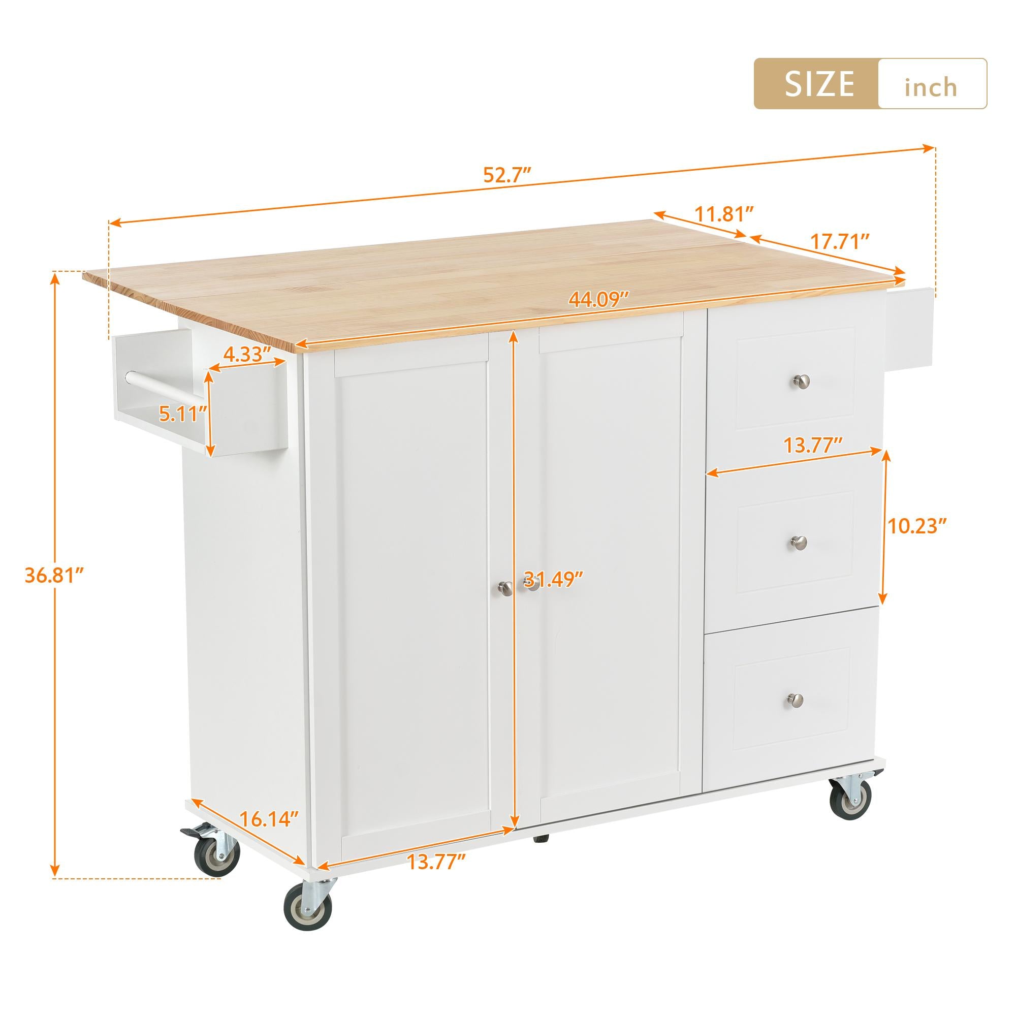 Kitchen Island with Wood Top, Locking Wheels, Racks and Drawers, Central Island with Drop Leaf Breakfast Bar, 53" L x 29.5" W x 37" H, White