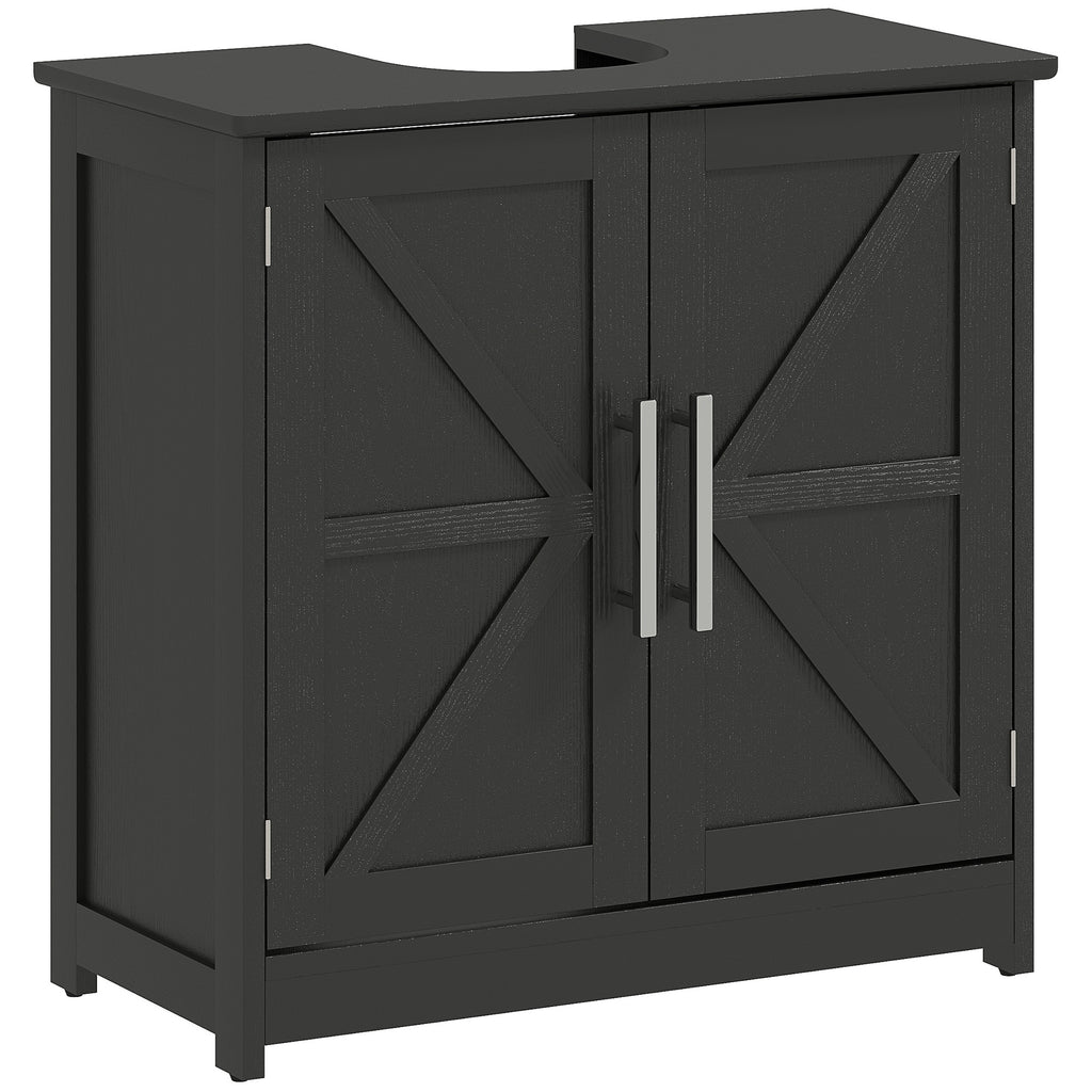 Farmhouse Pedestal Sink Storage Cabinet, Bathroom Sink Cabinet with 2 Barn Doors and Adjustable Shelf, Distressed Black