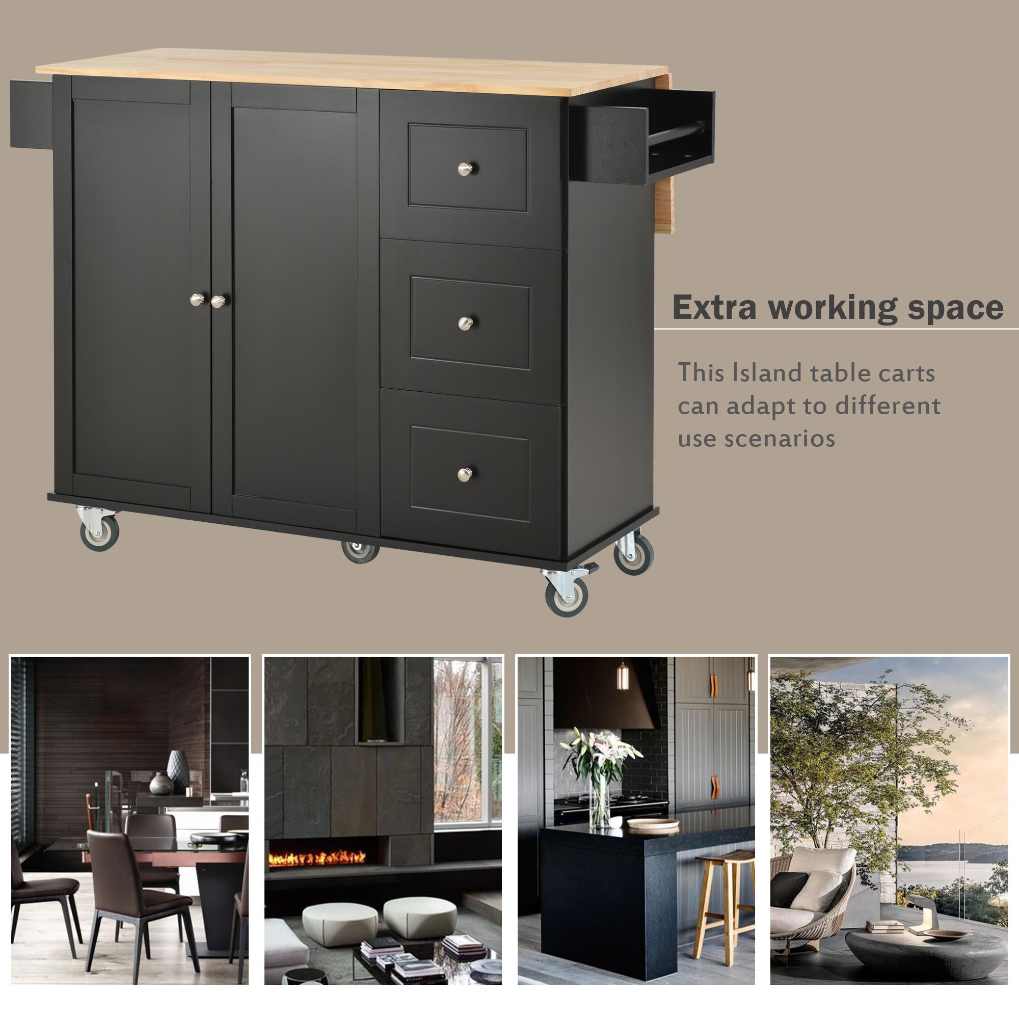 Mobile Kitchen Island with Drop Leaf Breakfast Bar, Wood Top, Racks and Drawers, Central Island with Locking Wheels, 53" L x 29.5" W x 37" H, Black