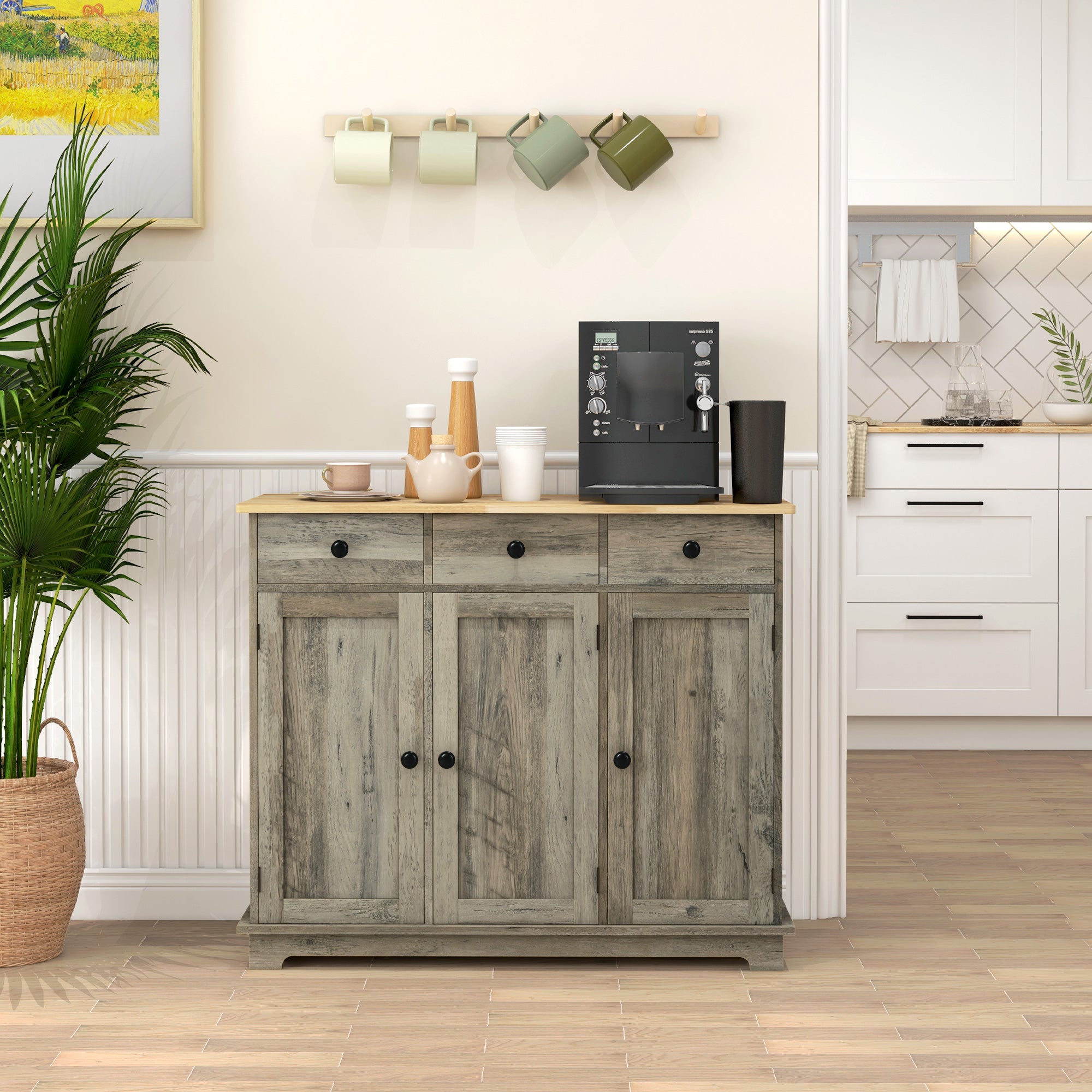 Kitchen Storage Cabinet, Sideboard Floor Cupboard with Solid Wood Top, Adjustable Shelf, and 3 Drawers, Distressed Gray
