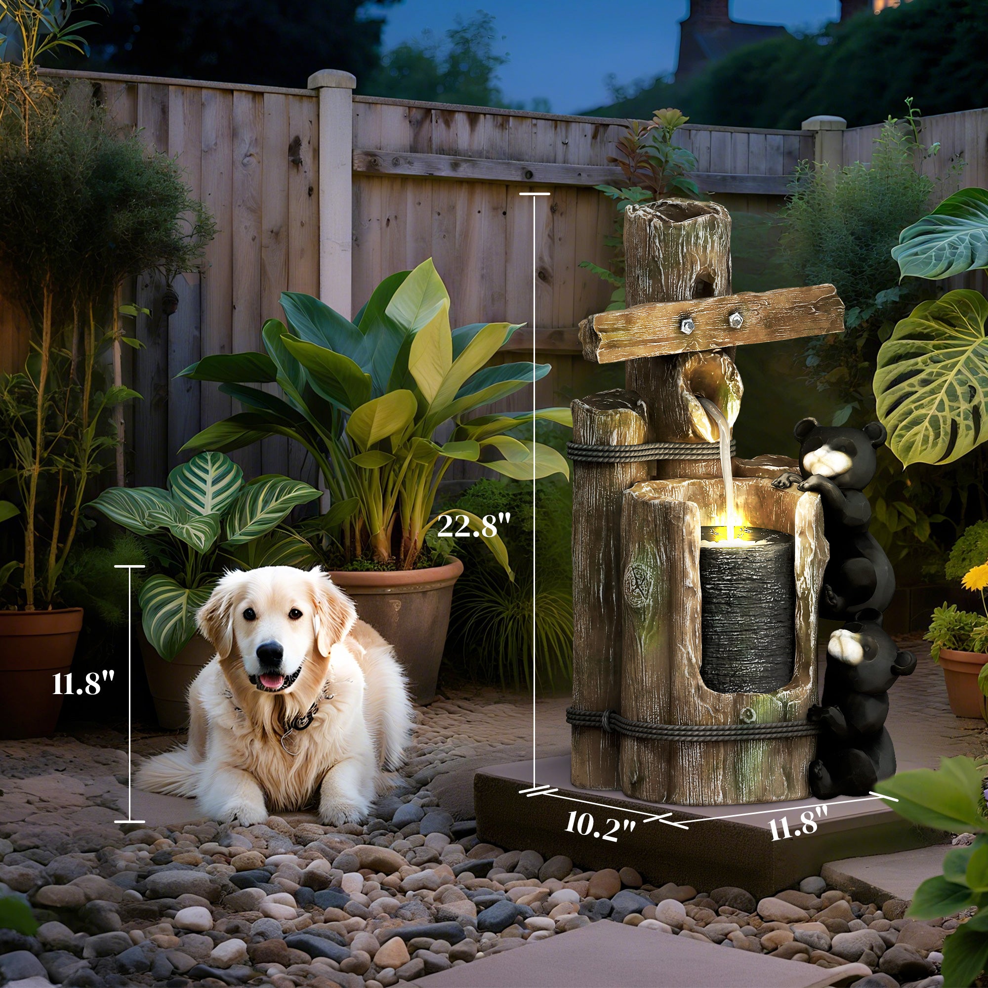 22.8" Water Fountain, 3-Tier Resin Bears on Log Outdoor Waterfall Fountain with LED Lights, Pump