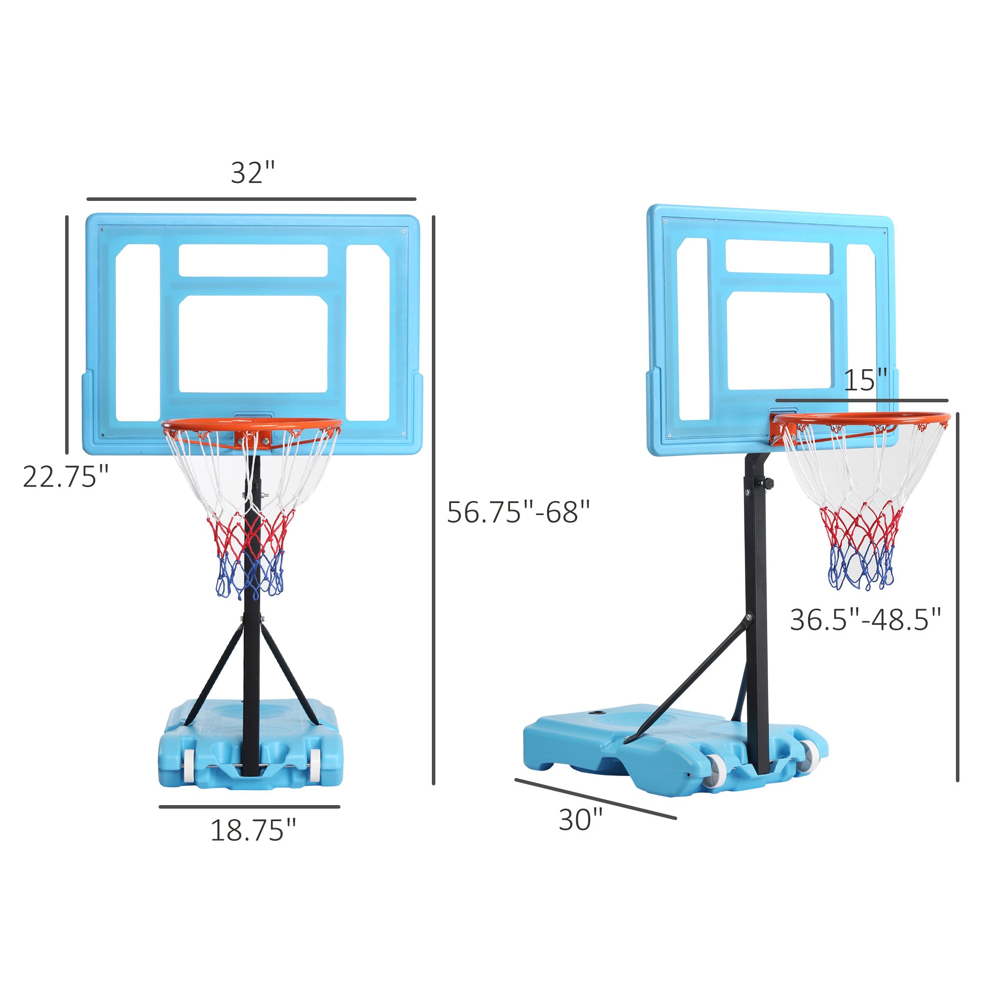 Poolside Basketball Hoop Stand, 36.5"-48.5" Height Adjustable Portable Hoop System w/ Clear Backboard & Fillable Base for Whole Family, Blue, Black, Red
