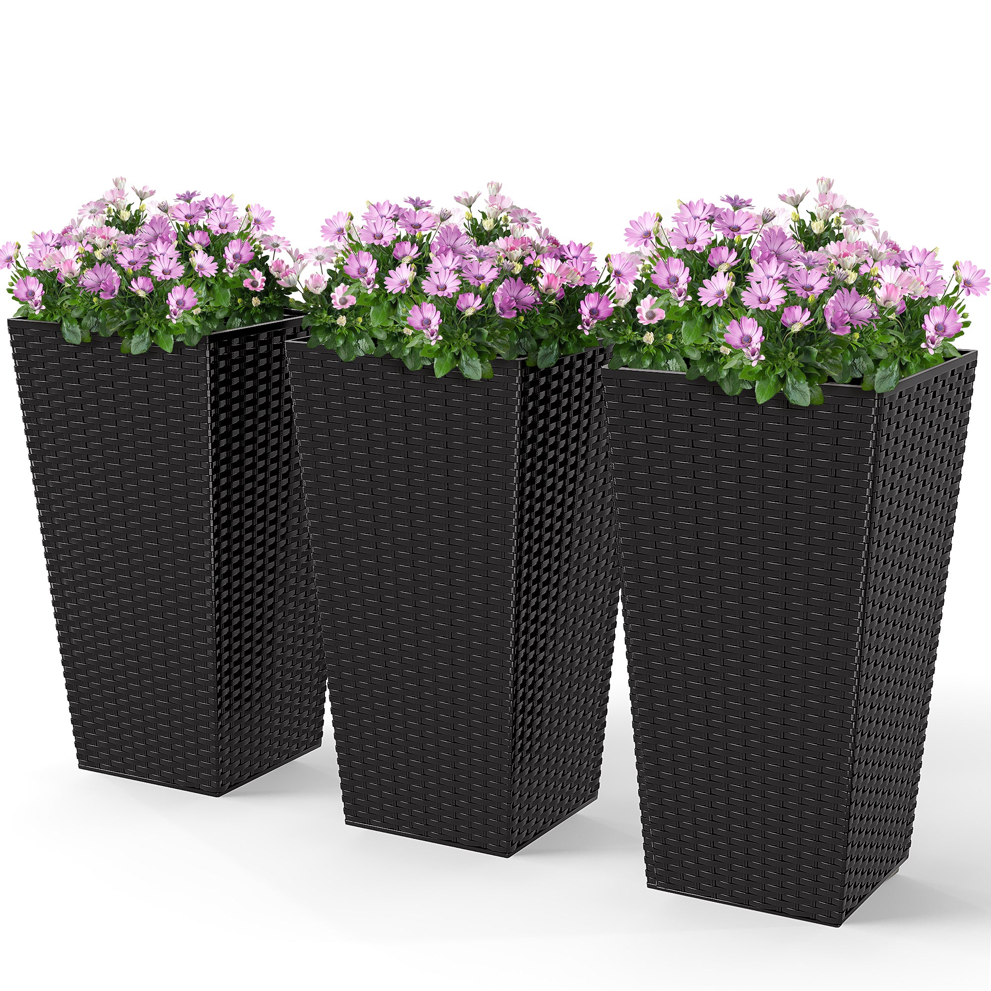 Tall Planters for Outdoor Plants Set of 3, 24 In Taper Planters with Drainage Holes, Rattan Decor Plant Pots for Indoor Outdoor Front Porch Patio Backyard, Black