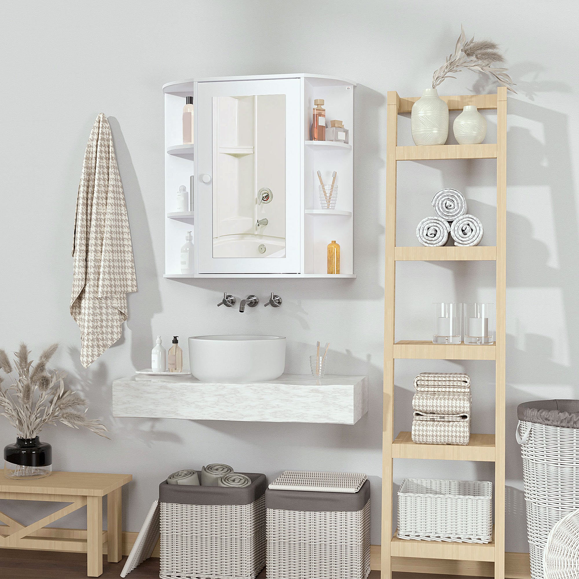 Bathroom Medicine Cabinet with Mirror, Bathroom Mirror Cabinet, Wall Mount Mirror Medicine Cabinet with Multiple Storage Shelves, White