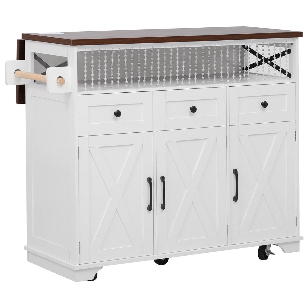 Farmhouse Kitchen Island Cart with Beaded Drape, Power Outlet, Drop Leaf, Rolling Wheels, 3 Doors, 3 Drawers, Adjustable Shelves, White
