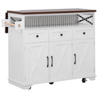 Farmhouse Kitchen Island Cart with Beaded Drape, Power Outlet, Drop Leaf, Rolling Wheels, 3 Doors, 3 Drawers, Adjustable Shelves, White