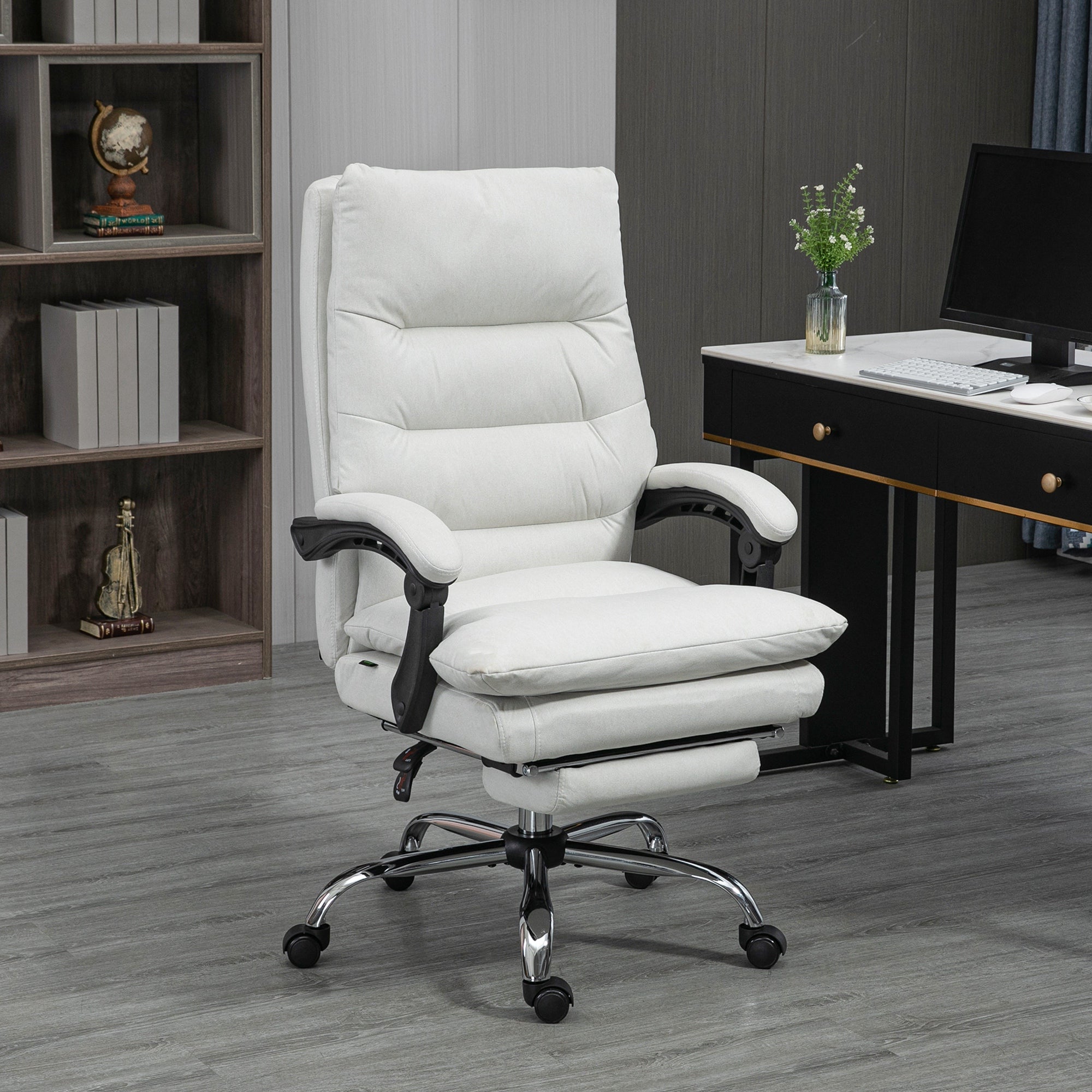 Microfibre Executive Massage Office Chair, Computer Desk Chair, Heated Reclining Chair with Footrest, Double-tier Padding, Swivel Wheels, Cream White