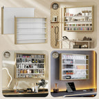 5-Tier Display Cabinet, Wall-Mounted Display Case with 2 Glass Doors and Adjustable Shelves, Oak and White
