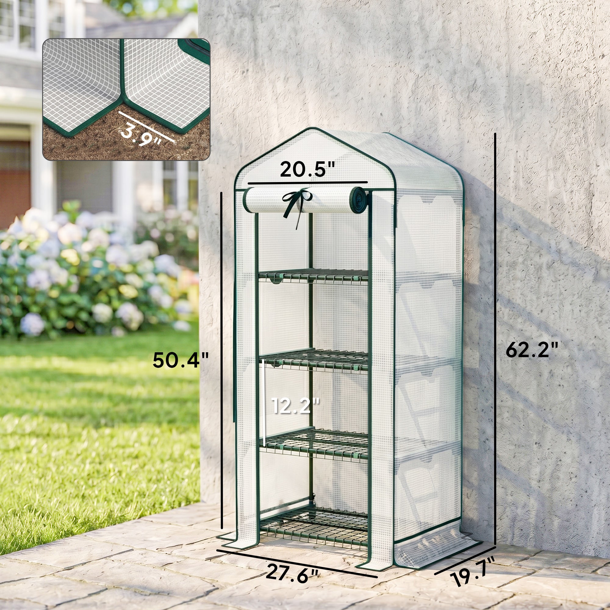 Mini Greenhouse with Screen Roof, 4 Tier Portable Small Greenhouse with High Strength PE Cover, White