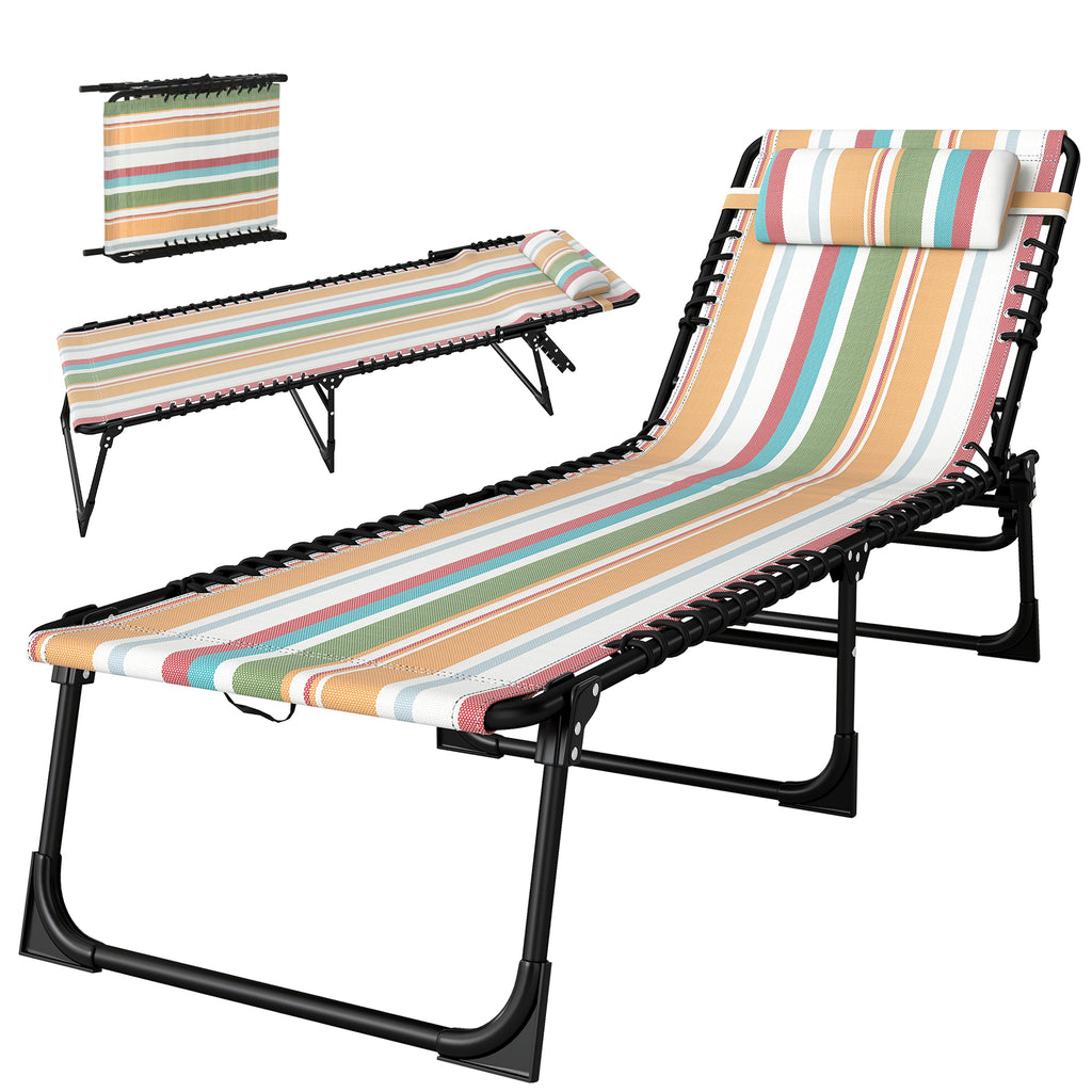 Folding Chaise Lounge Pool Chair with 4-Position Reclining Back, Pillow, Breathable Mesh & Bungee Seat, Rainbow Striped