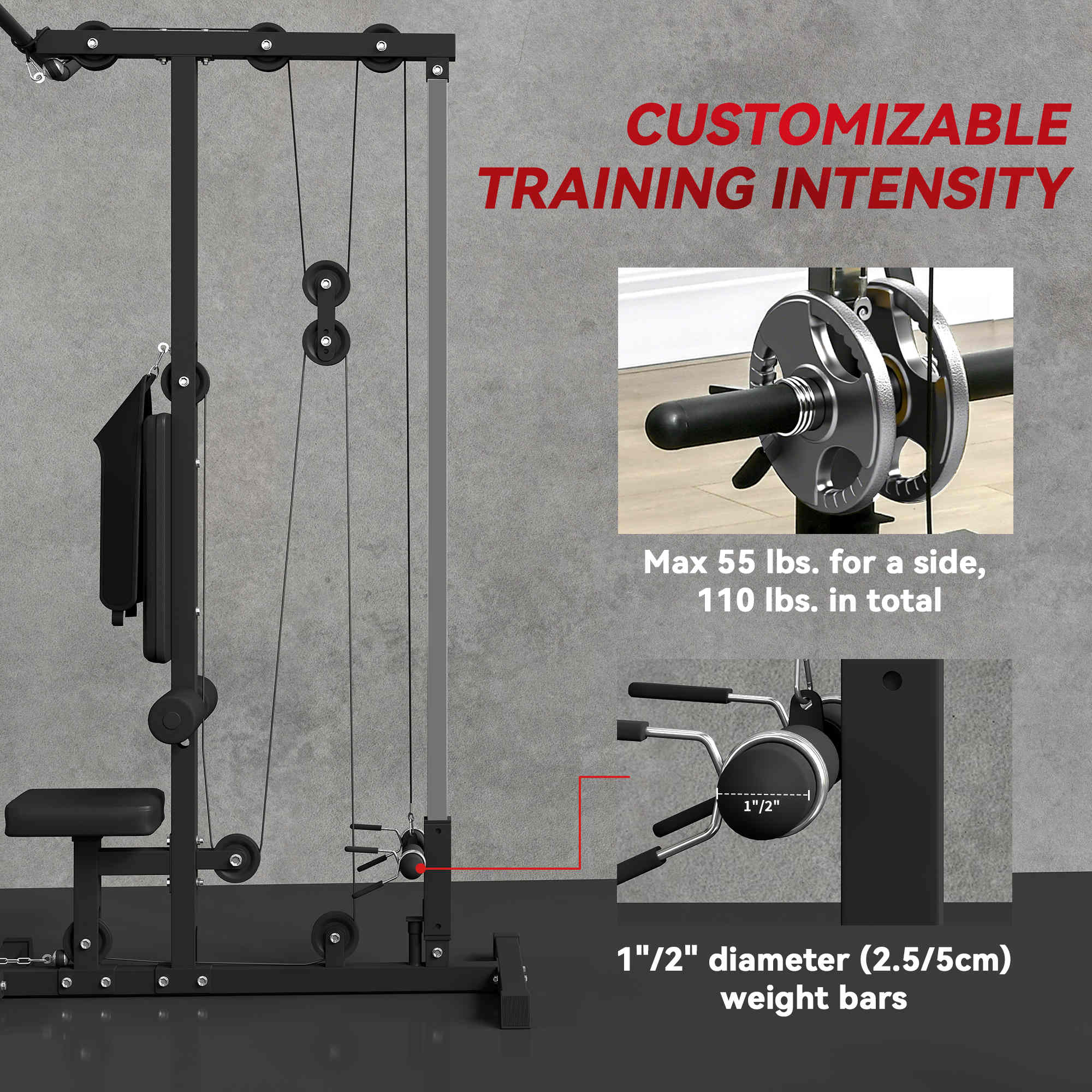 Lat Pull Down Machine, High / Low Pulley Machine with Adjustable Seat and Flip-Up Footplate, Black