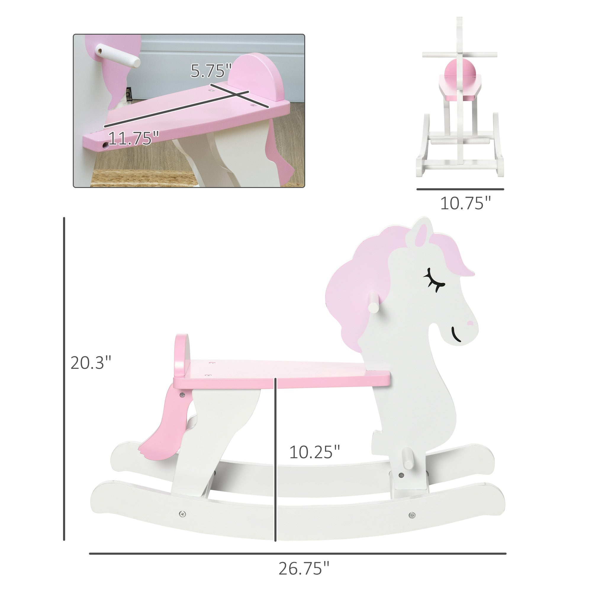 Little Wooden Rocking Horse Toy for Kids' Imaginative Play, Children's Small Baby Rocking Horse Ride-on Toy for Toddlers 1-3, Pink and White
