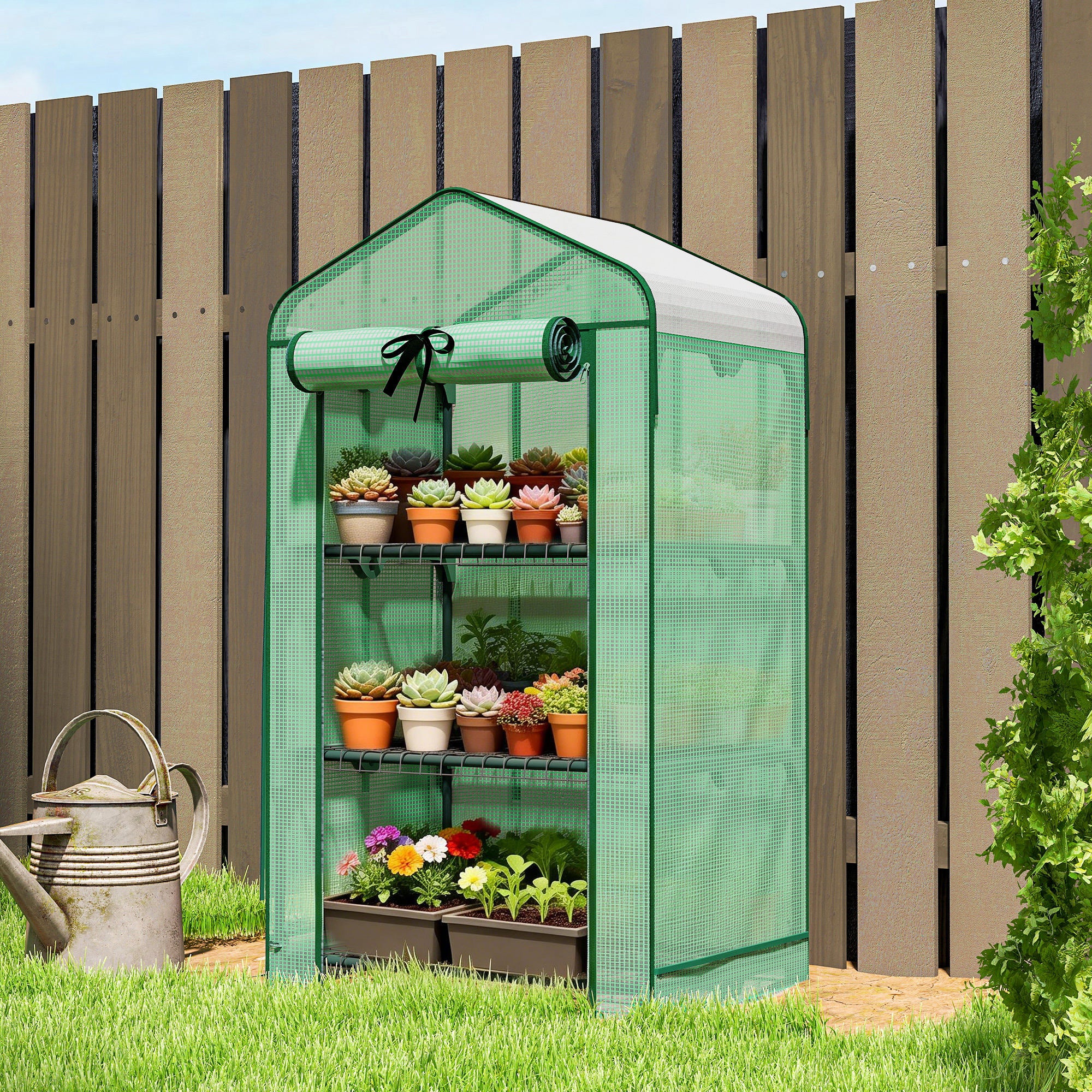 Mini Greenhouse with Screen Roof, Portable Small Greenhouse with Roll-Up Zipper Door, 27.6" x 19.7" x 50", Green