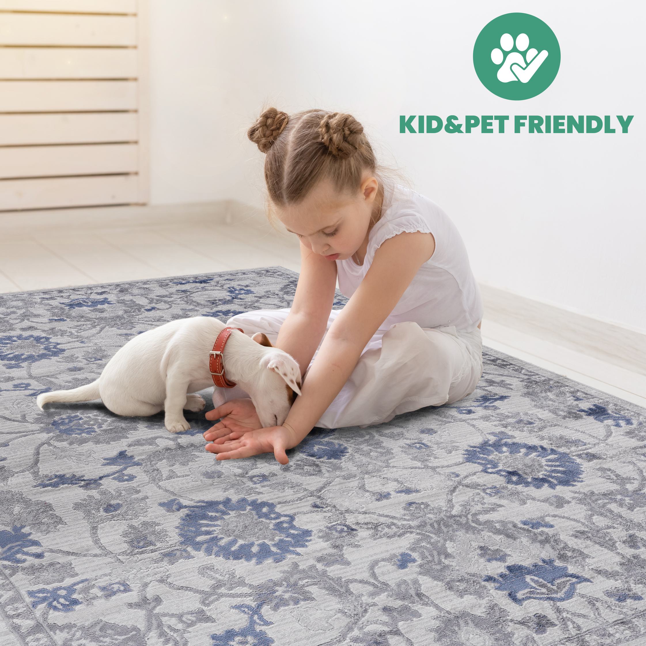 Naar 8x10 Stain-Resistant Area Rug with Cotton Backing, Medium Pile Height, Kid and Pet-Friendly Carpet, 120" L x 93" W x 0.35" H, Blue