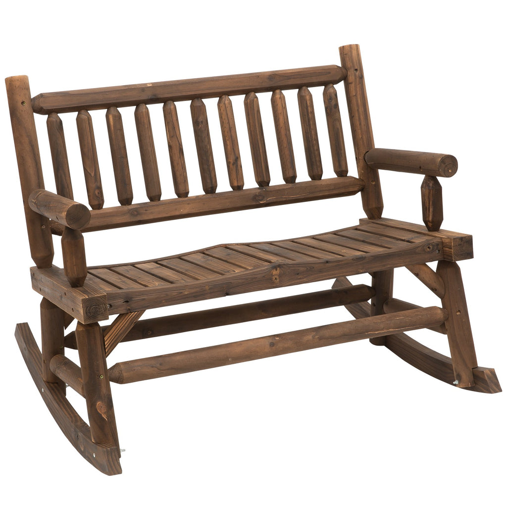 2-Person Wood Rocking Chair with Log Design, Heavy Duty Loveseat with Wide Curved Seats for Patio, Backyard, Garden, Walnut