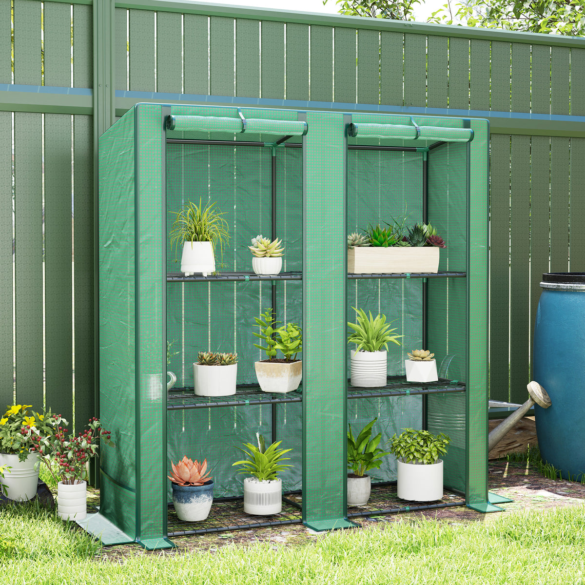 Lean-to Greenhouse with 3 Tier Shelves, Portable Greenhouse with PE Cover, 2 Roll-Up Doors, 56.7" x 18.9" x 59.8", Green