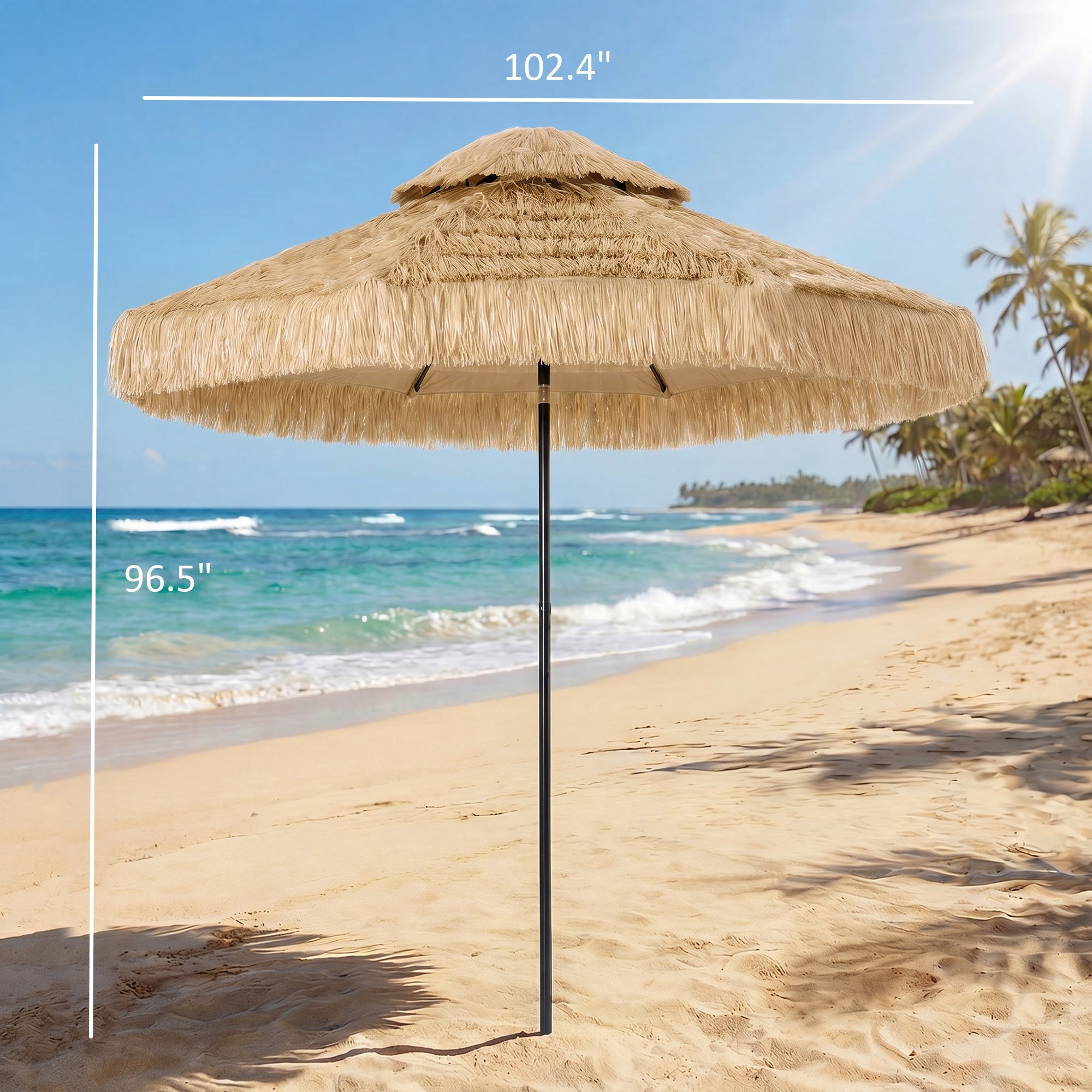 8.5 FT Hula Thatched Tiki Patio Umbrella, 2-Tier Tropical Hawaiian Style Outdoor Umbrella with 8 Ribs, UPF30+, Khaki