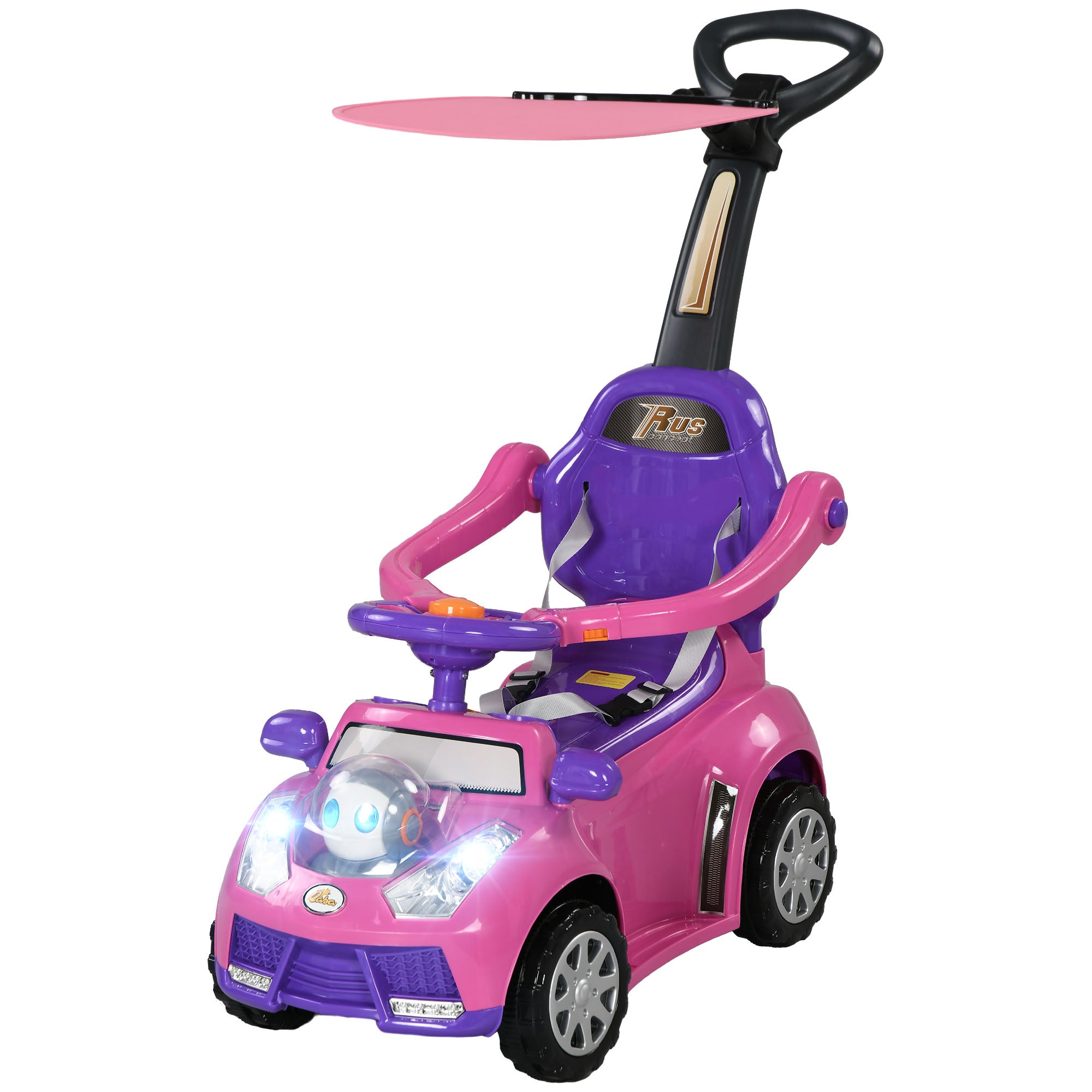 3 in 1 Push Car Sliding Car with Removable Handle, Music, Horn, Canopy, Safety Guardrail, Pink