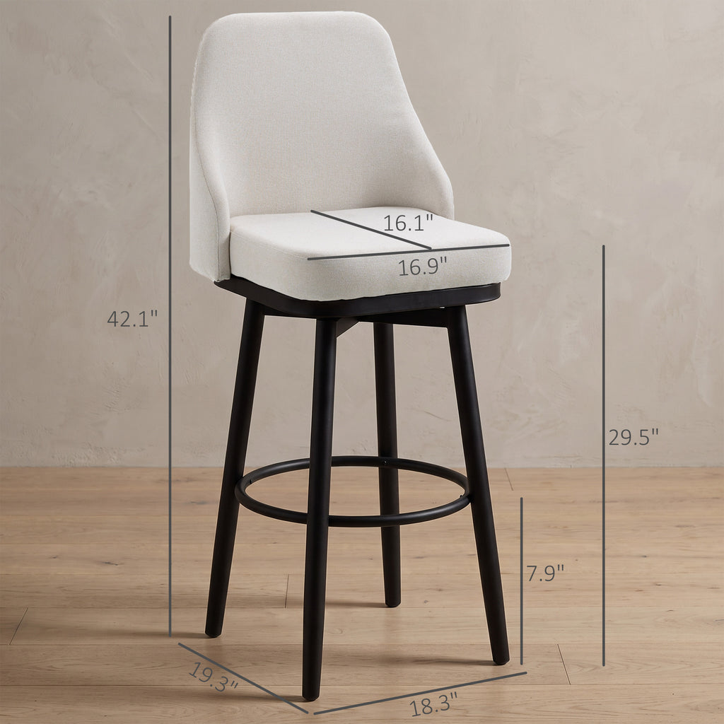 Bar Height Bar Stools Set of 2, Modern 360° Swivel Kitchen Chairs with Steel Legs and Footrest, 29.5 Inch Seat Height Upholstered Barstools for Kitchen Island, Cream White