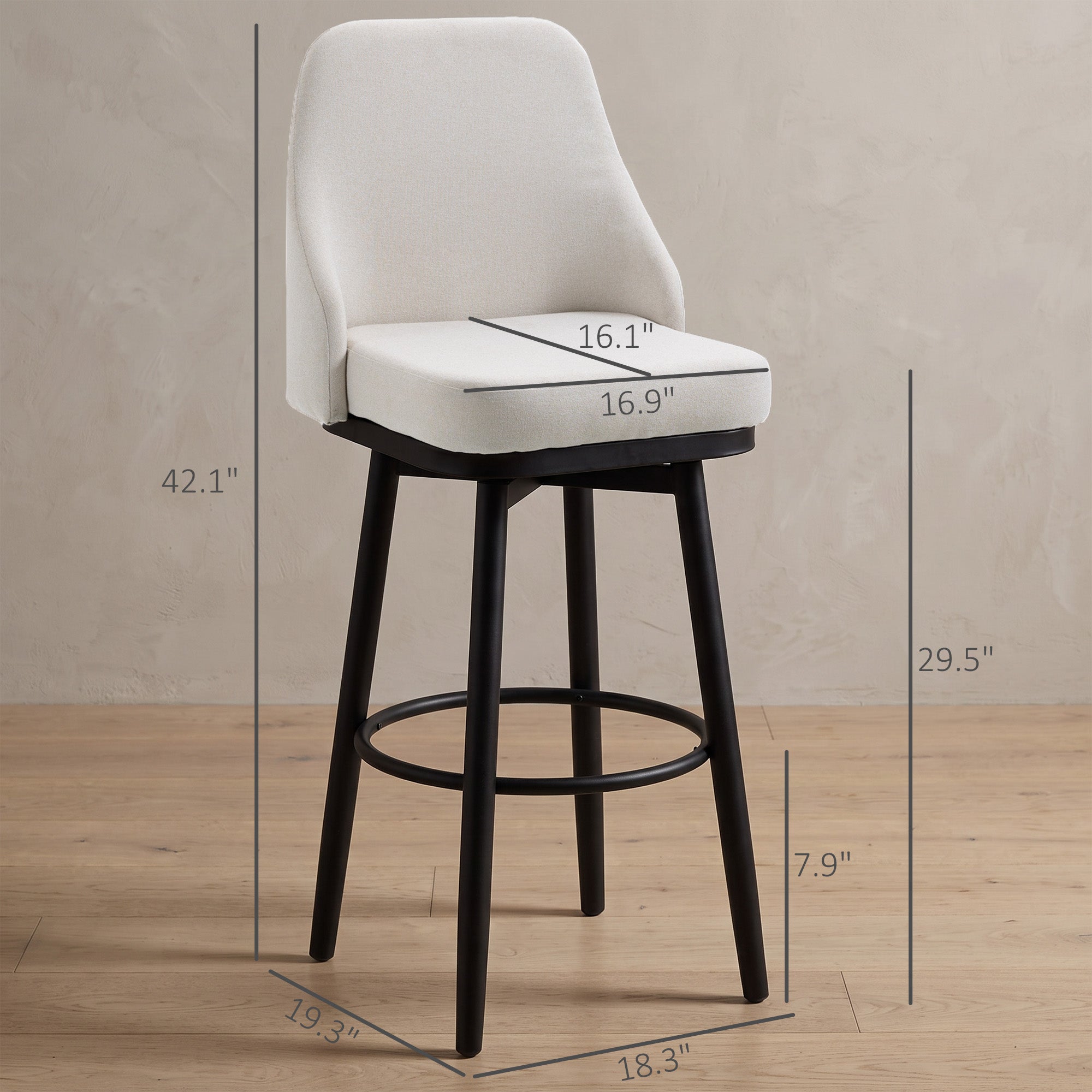 Bar Height Bar Stools Set of 2, Modern 360° Swivel Kitchen Chairs with Steel Legs and Footrest, 29.5 Inch Seat Height Upholstered Barstools for Kitchen Island, Cream White