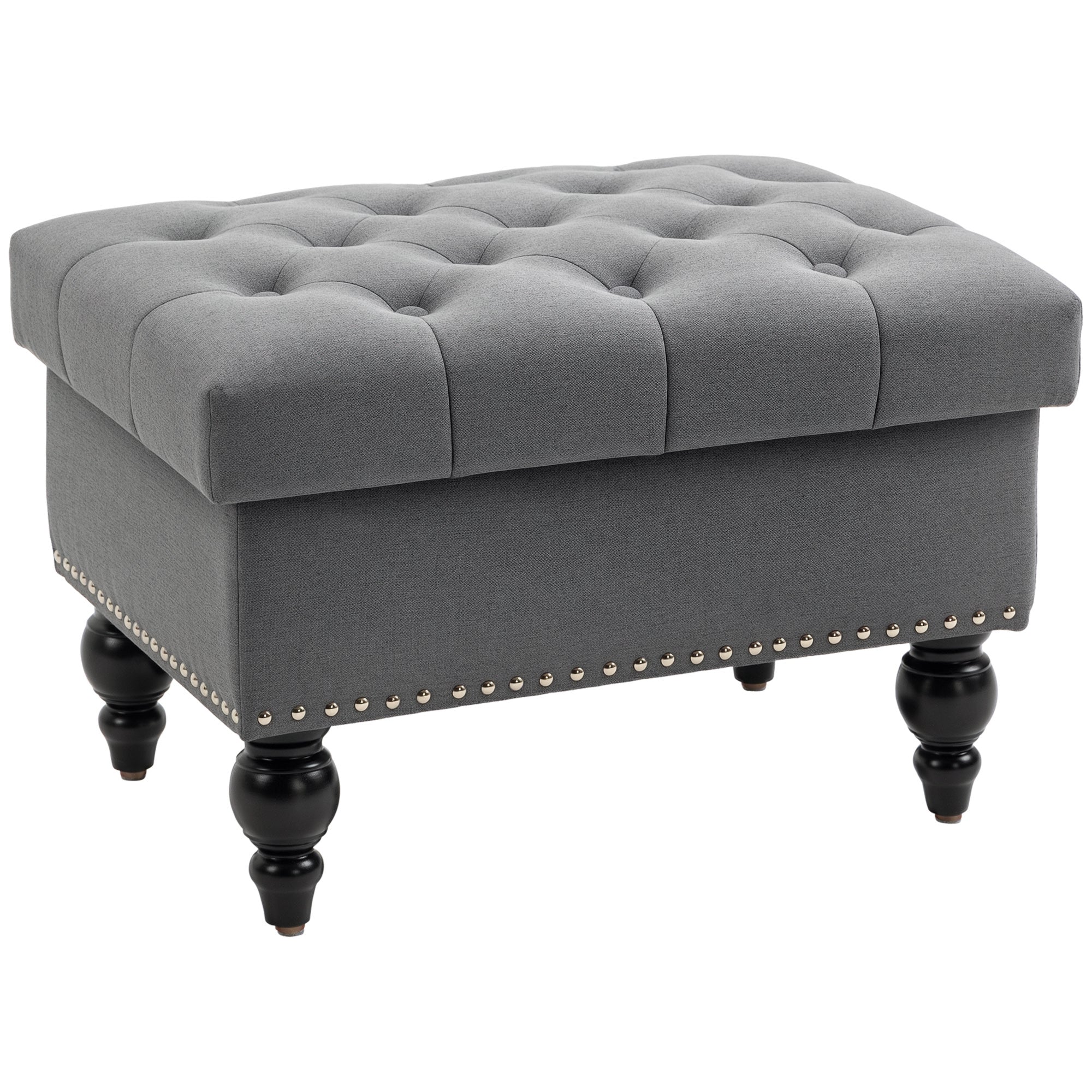 Ottoman with Storage for Living Room, 25" Storage Ottoman with Removable Lid, Button-Tufted Fabric Bench for Footrest and Seat with Wood Legs, Gray