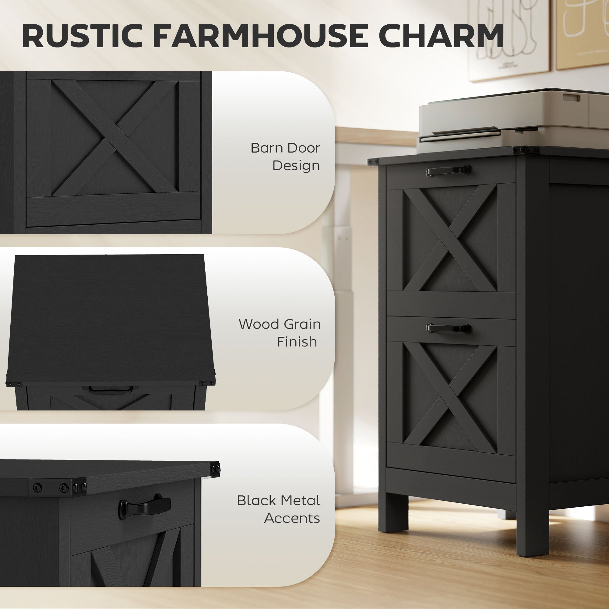 Vertical File Cabinet with 2 Drawers, Rustic Farmhouse Office Storage Cabinet for A4, Letter Size, Distressed Black