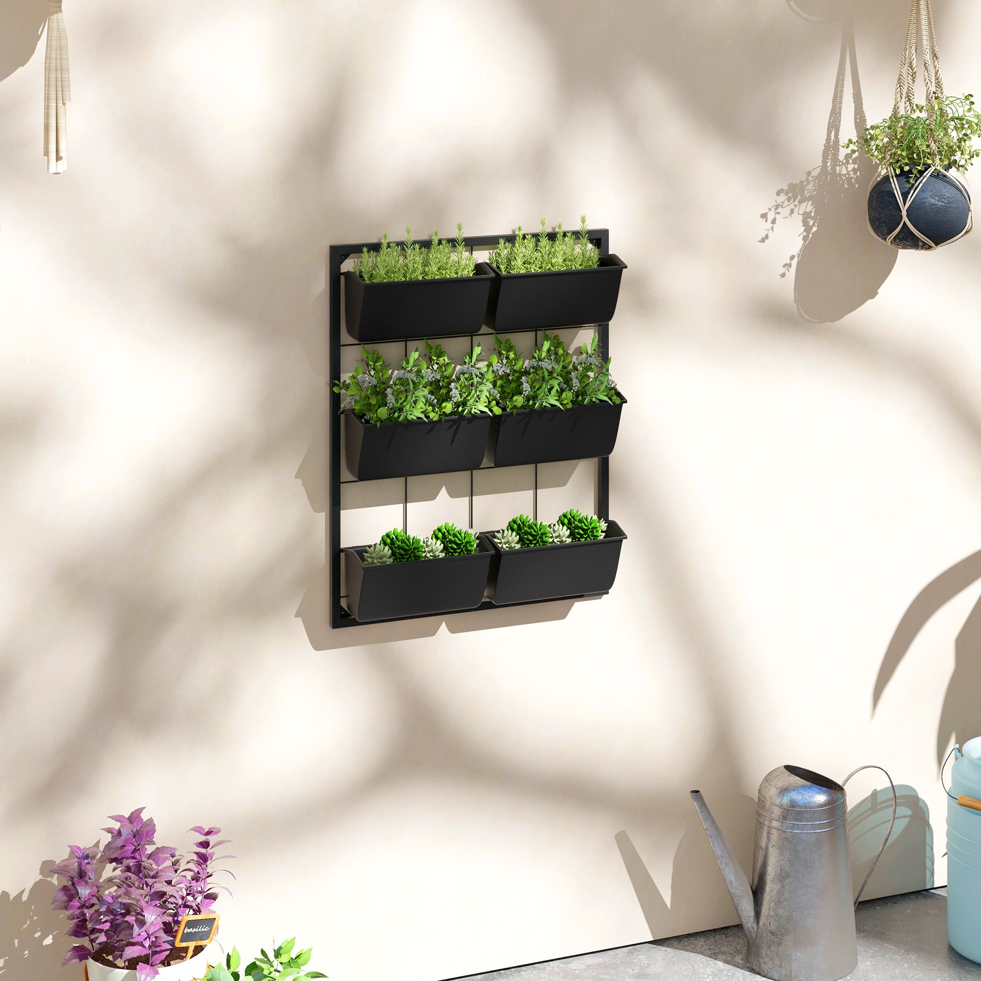 3-Tier Hanging Planter with 6 Pots for Indoor and Outdoor Use, Wall Planter, Self Draining & Wall Mounted, Black