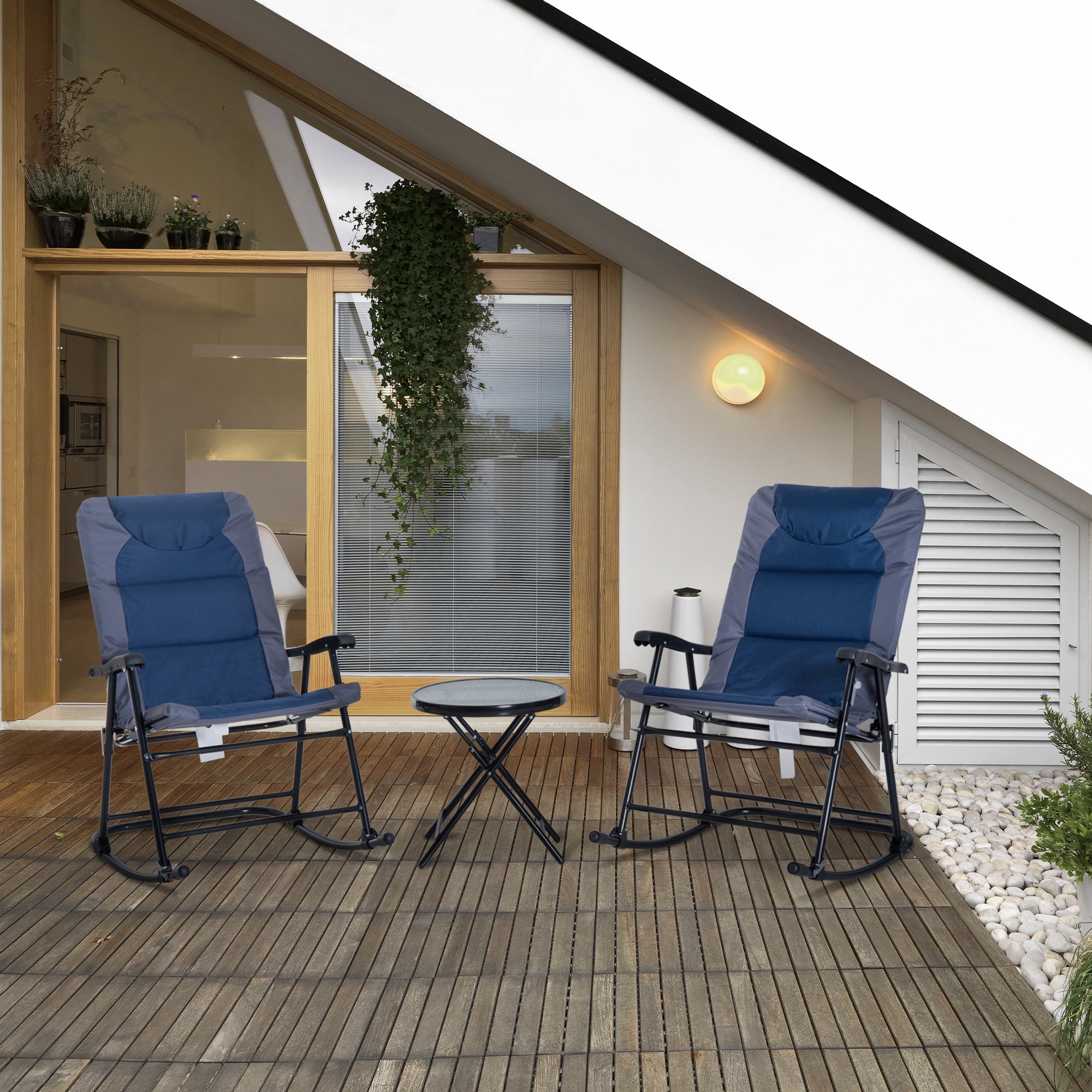 3 Piece Outdoor Folding Rocking Chair and Table Set - Blue and Gray