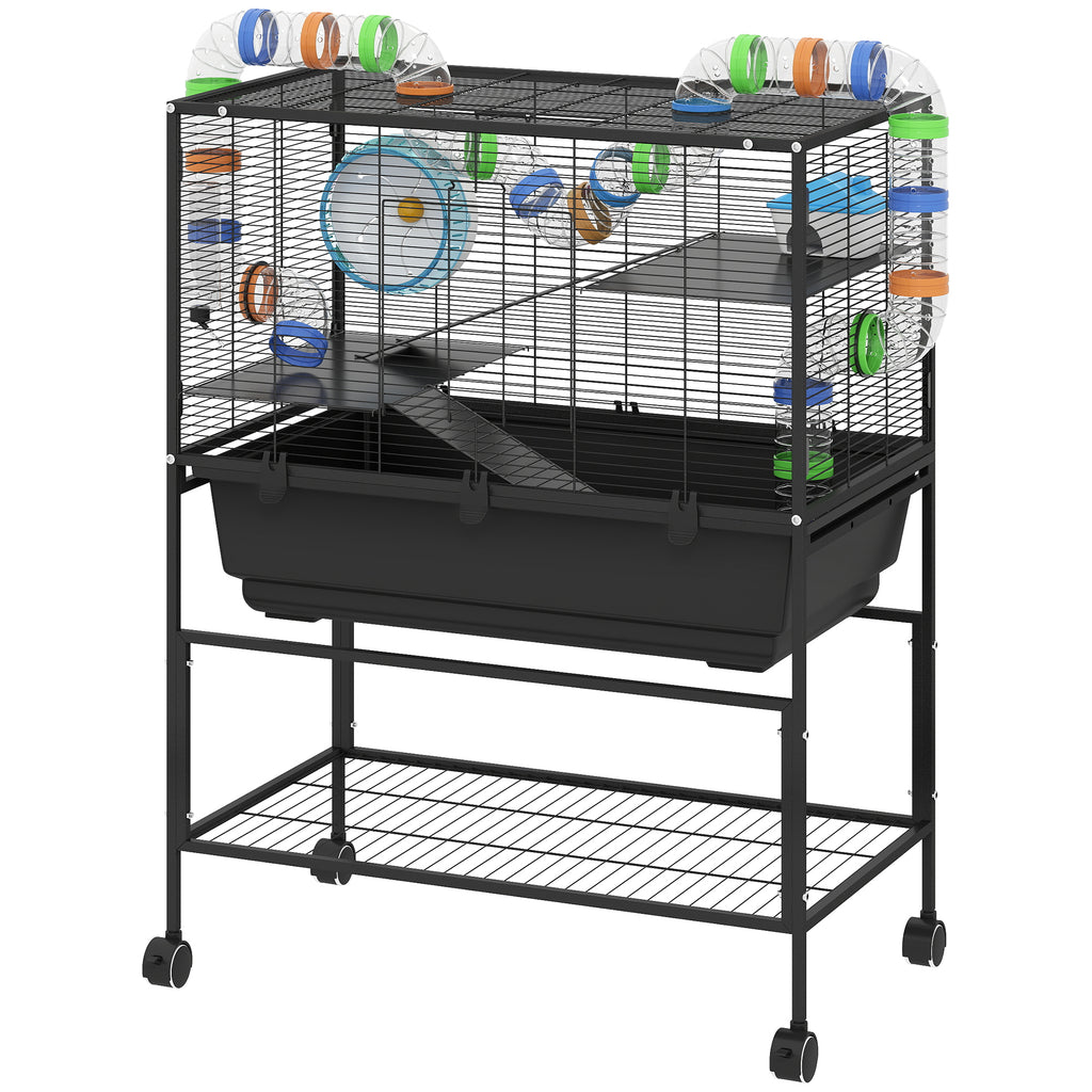3 Tier Hamster Cage, Rolling Rat Cage with Deep Tray, Storage Shelf, Big Exercise Wheel, Hut, Tube System