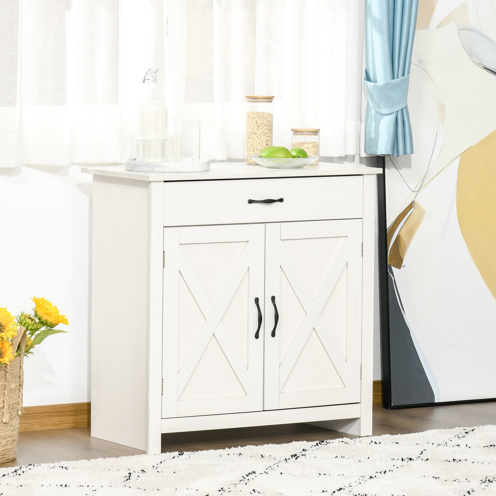 Farmhouse Sideboard Cabinet with Barn Doors Kitchen Buffet Cabinet with Drawer and Adjustable Shelf Stone White Wash