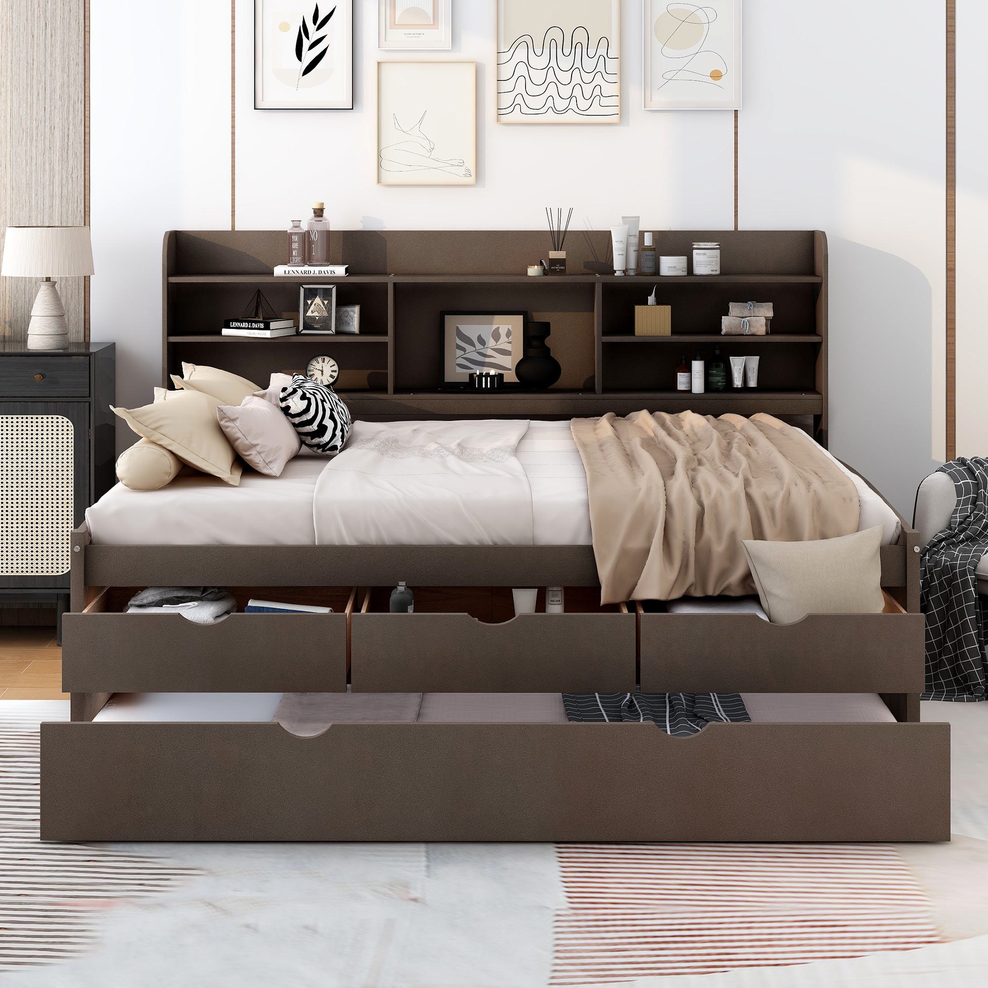 Classic Style Full Size Wooden Captain Bed with Built-in Bookshelves, 3 Storage Drawers, Trundle, 79" L x 104.5" W x 47" H, Antique Gray
