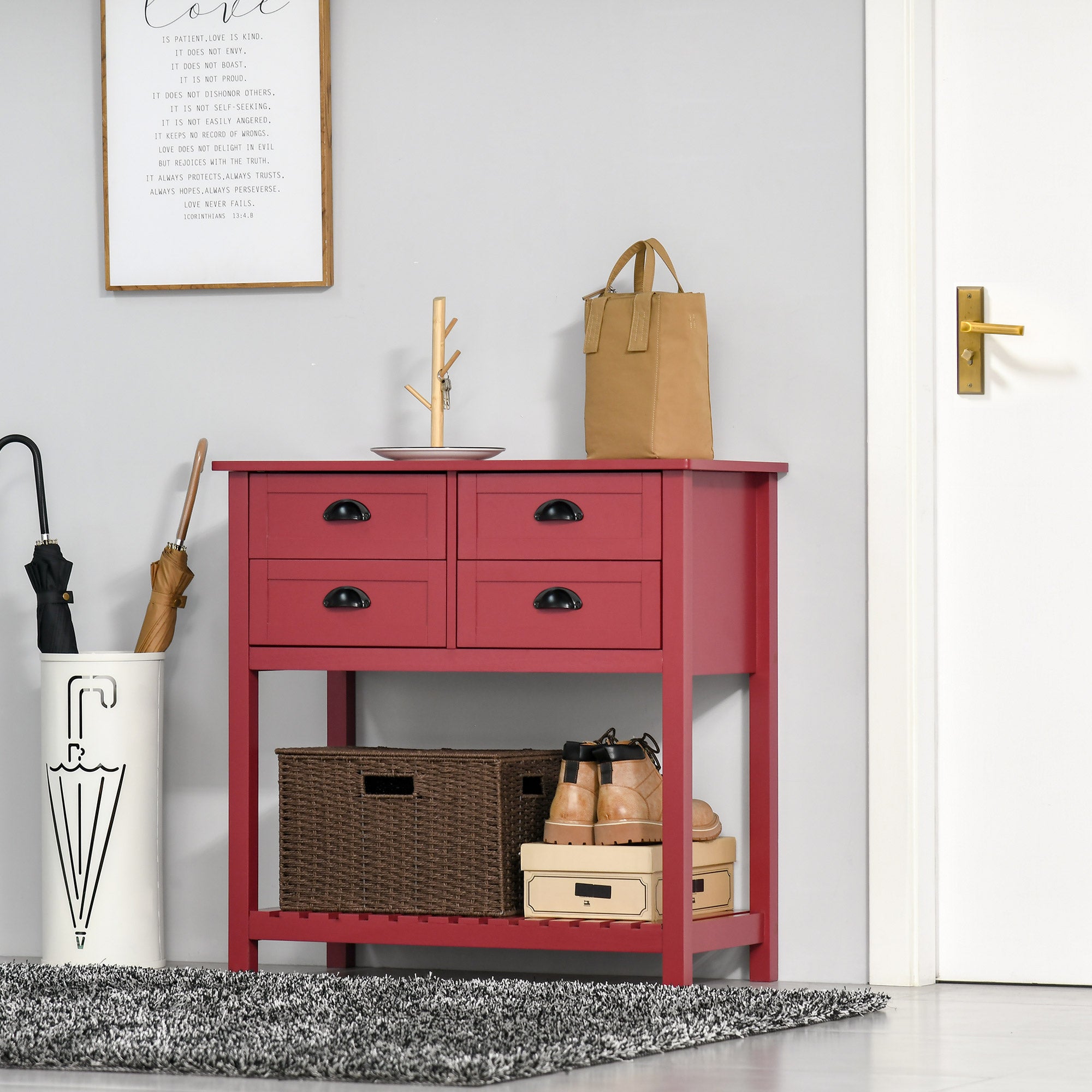 Sideboard Buffet Cabinet with Storage, Modern Coffee Bar Cabinet with 4 Drawers and Slatted Bottom Shelf, Console Table for Kitchen, Living Room, Dining Room, Hallway, Red