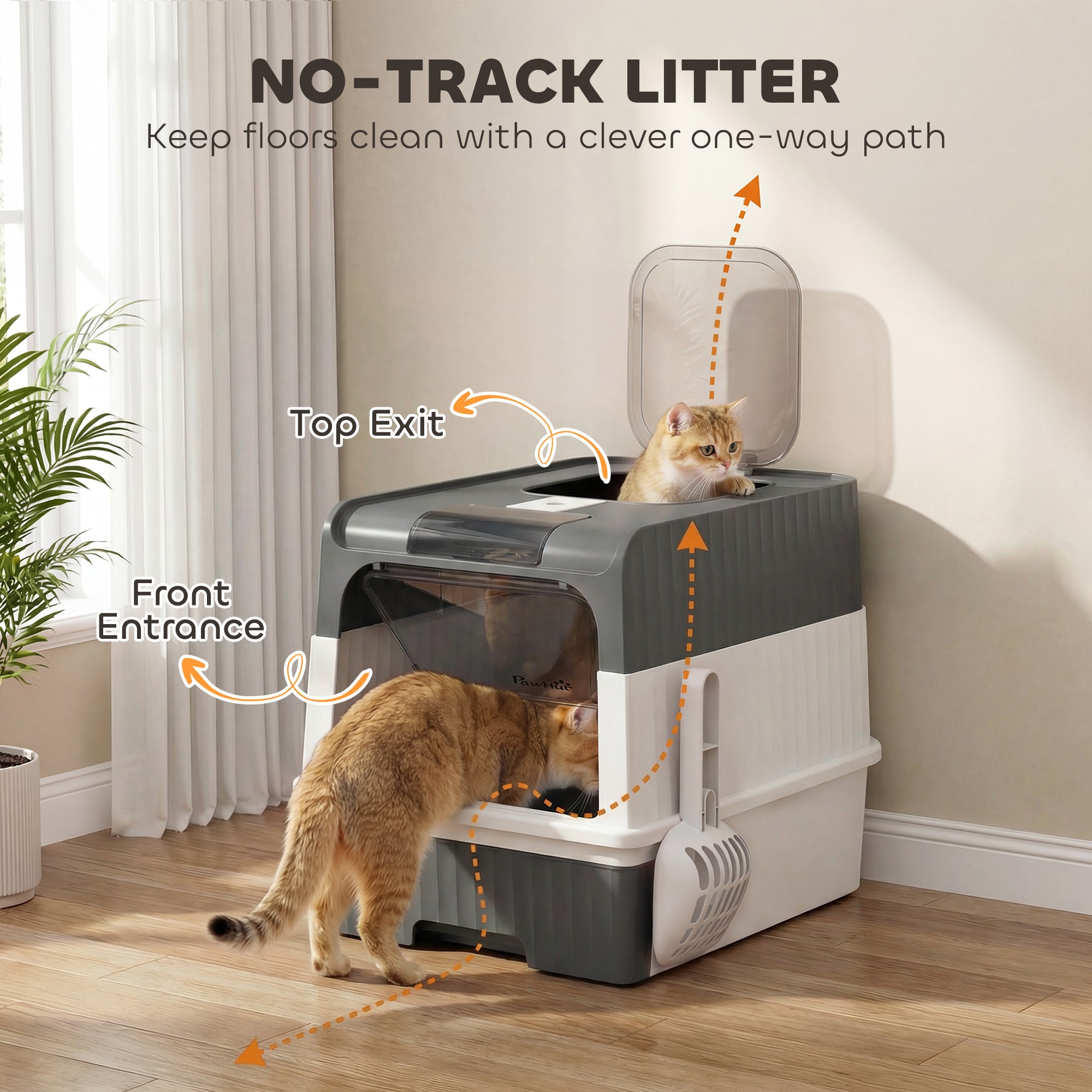 Cat Litter Box Hooded Cat Litter Tray with Drawer Pan Front Entry & Top Exit Easy Cleaning Gray