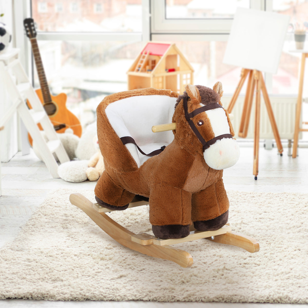 Baby Rocking Horse, Kids Ride-on with Sound, Wooden Base & Safety Belt for Ages 18-36 Months, Brown