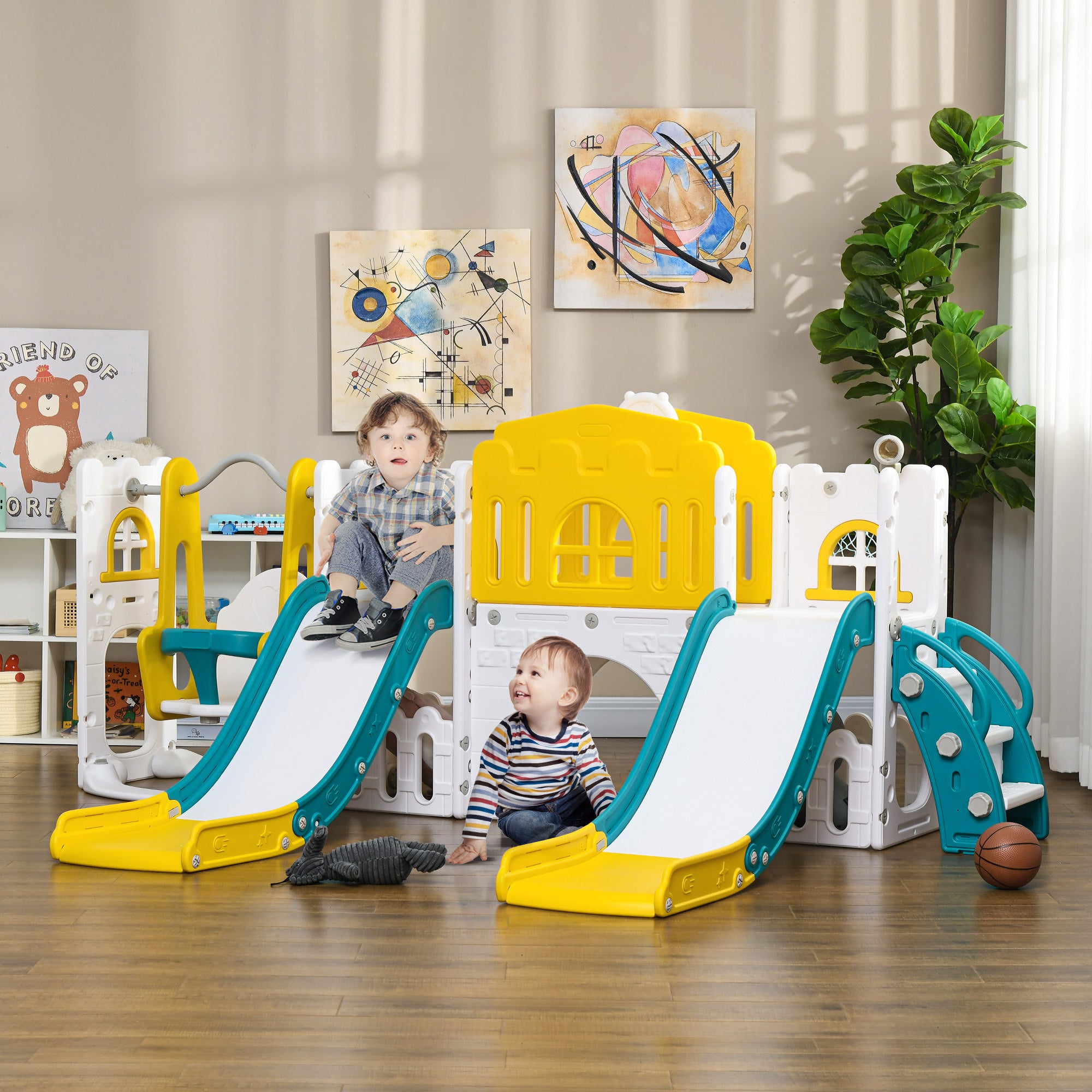 8 in 1 Toddler Slide and Swing Set w/ 2 Slides, Basketball Hoop, Climber, Storage Space Telescope, Yellow