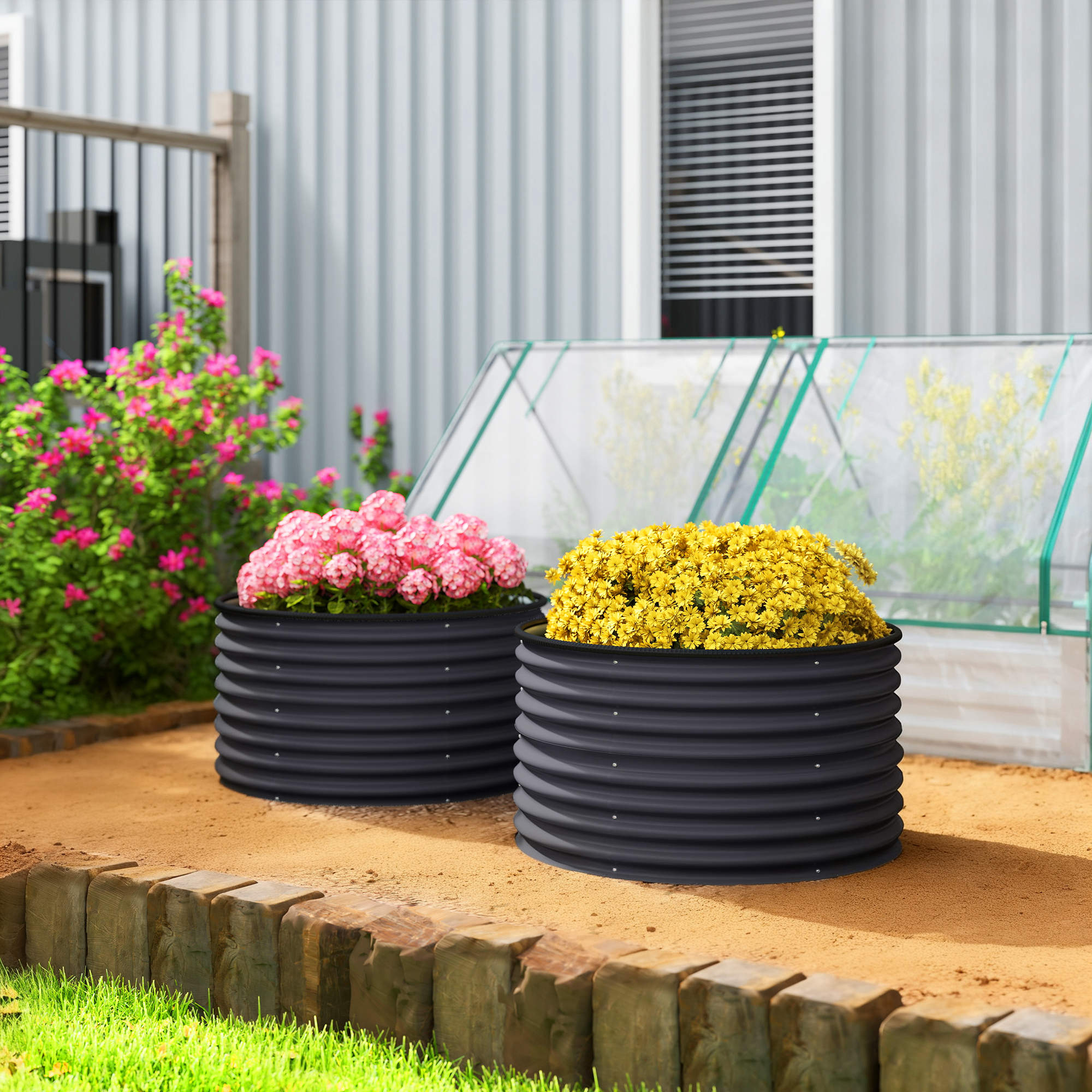 Set of 2 Raised Garden Bed, Metal Planter Box with Safety Edging, Easy-to-assemble Stock Tank, Dark Gray