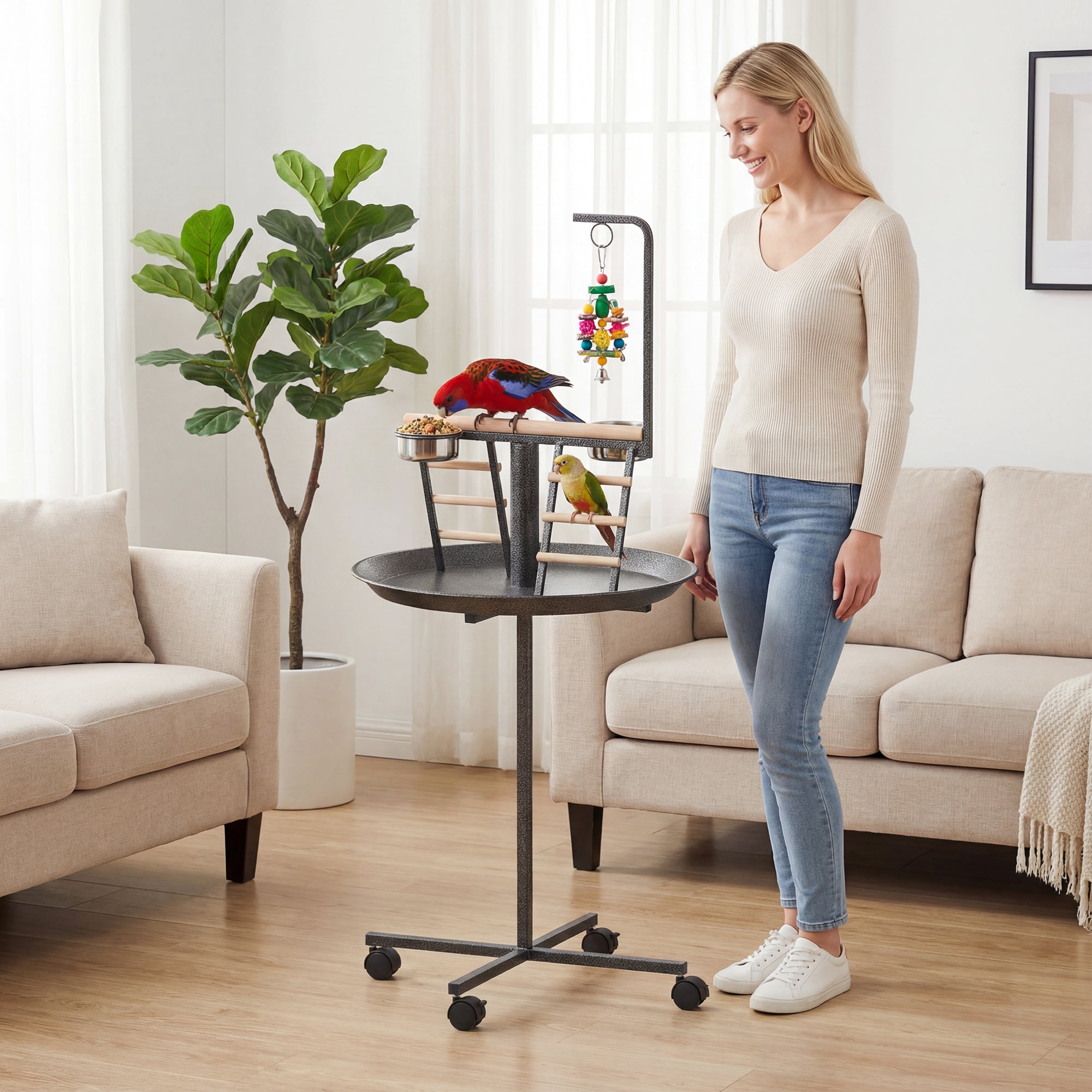 Bird Stand with Wheels Parrot Play Stand with Round Tray Stainless Steel Feed Bowls Indoor Outdoor Dark Gray
