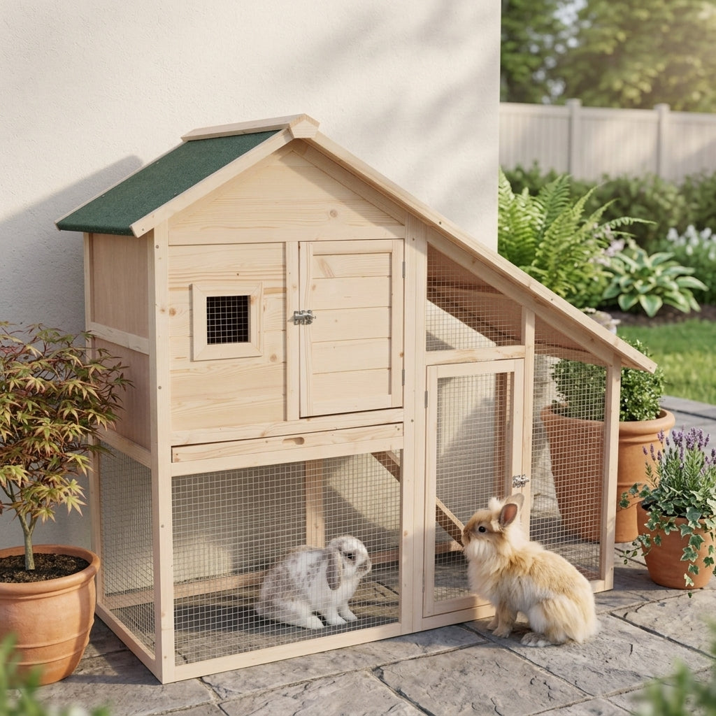 55" L 2-Tier Wooden Rabbit Hutch Bunny Cage