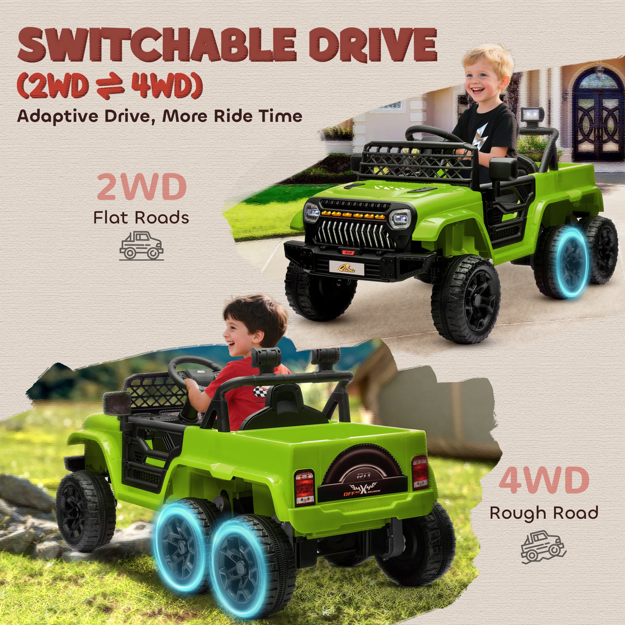 12V 4x4 Kids Electric Car w/ 2WD/4WD Switchable, Remote Control, Spring Suspension System, Back Trailer, Camouflage